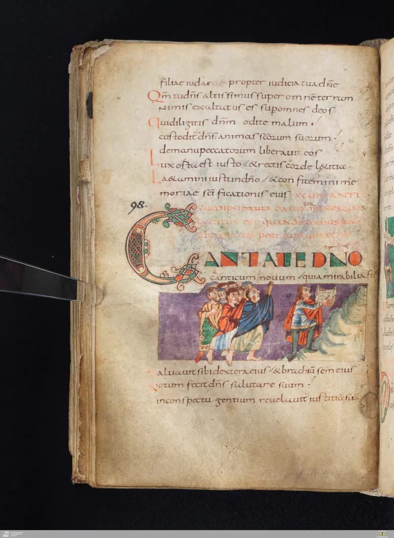 Stuttgart Psalter, Psalm 100 (folio 111v) by Master of the Stuttgart Psalter depicting Psalms 100