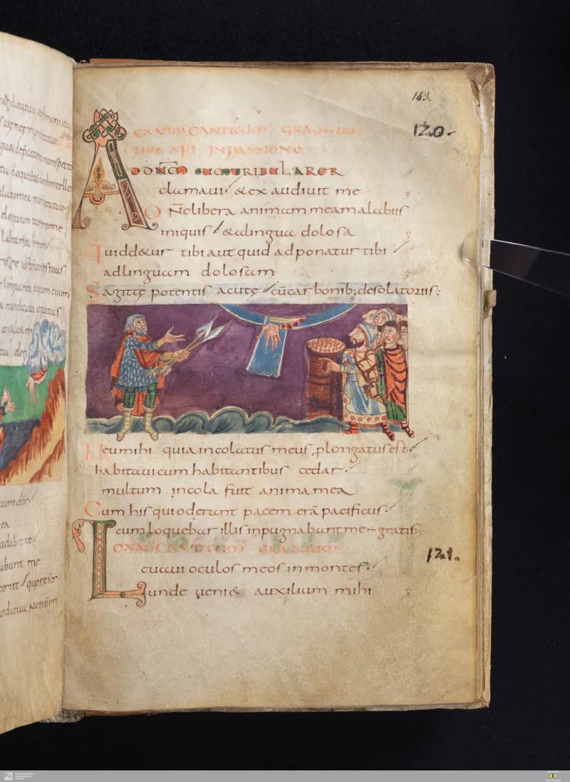 Stuttgart Psalter, Psalm 129 (folio 143r) by Master of the Stuttgart Psalter depicting Psalms 129