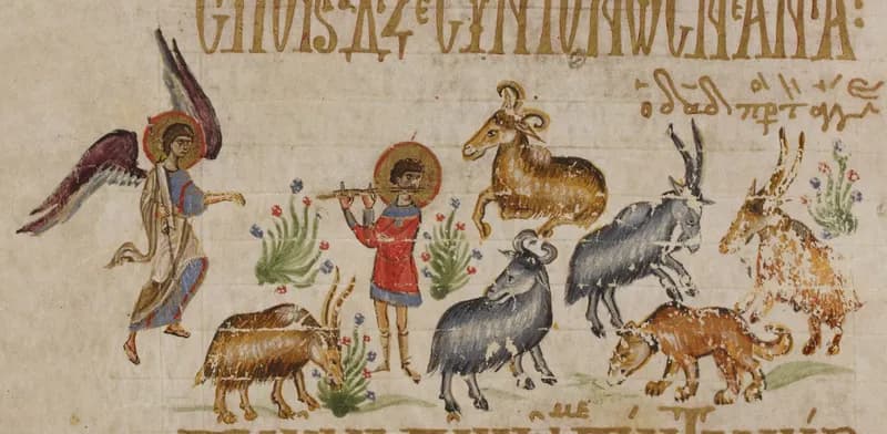Angel Approaching David (Theodore Psalter) by Theodore of Caesarea depicting Psalms 89:19