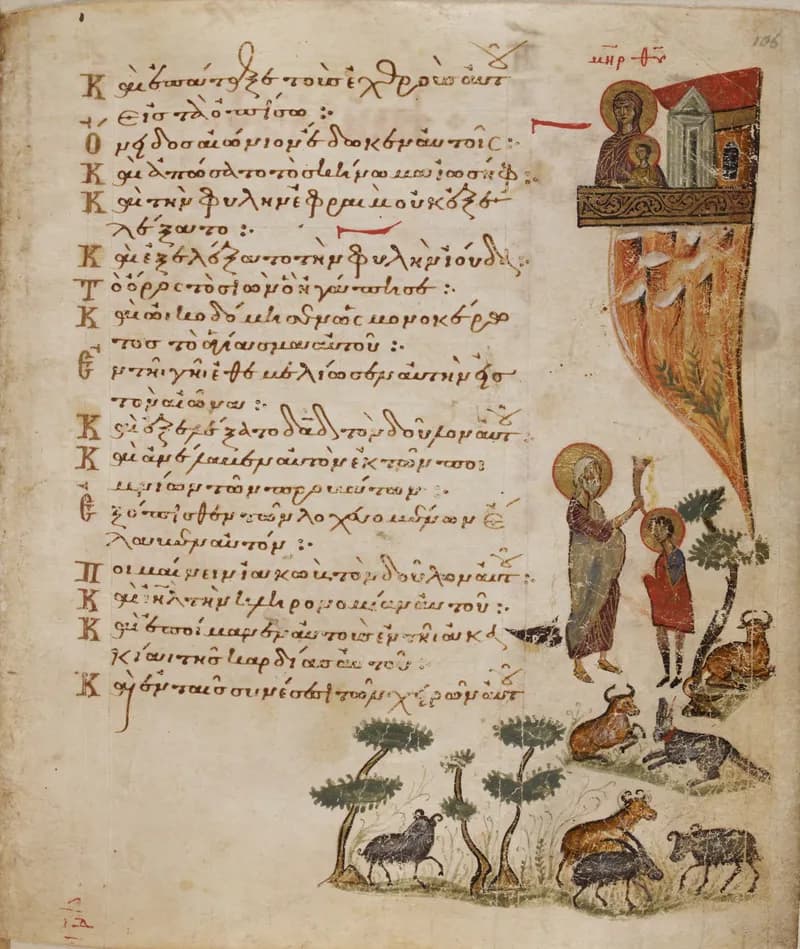 The Anointing of David (Theodore Psalter, Ps. 78) by Theodore of Caesarea depicting Psalms 78:70