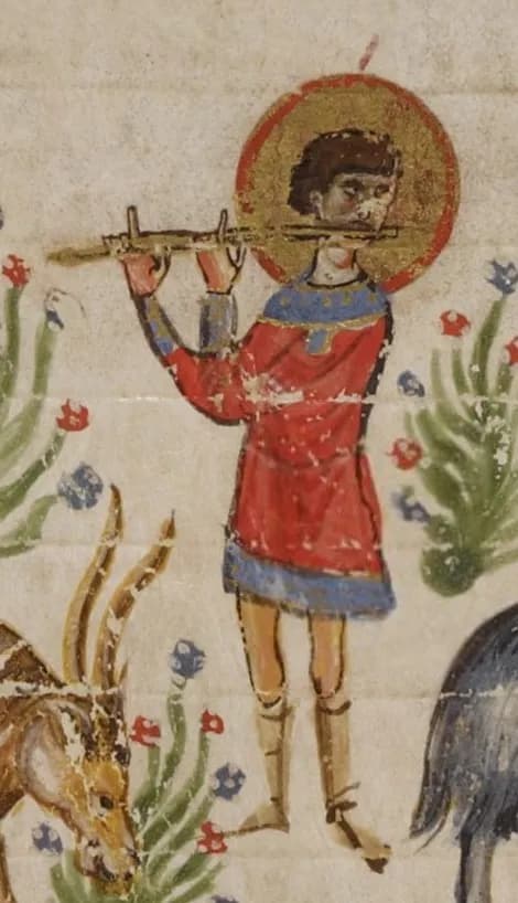 David Playing the Flute (Theodore Psalter) by Theodore of Caesarea depicting Psalms 33:1