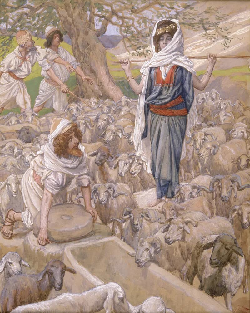 Jacob and Rachel at the Well by James Tissot depicting Genesis 29:9