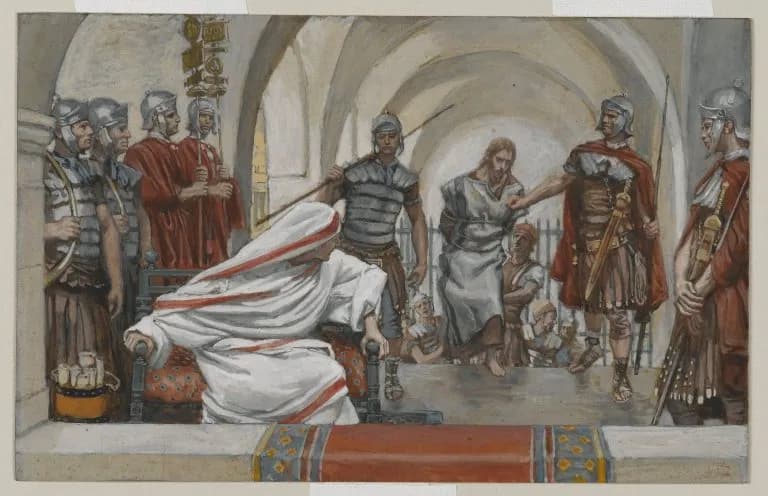 Jesus Led from Herod to Pilate by James Tissot depicting Luke 23:11