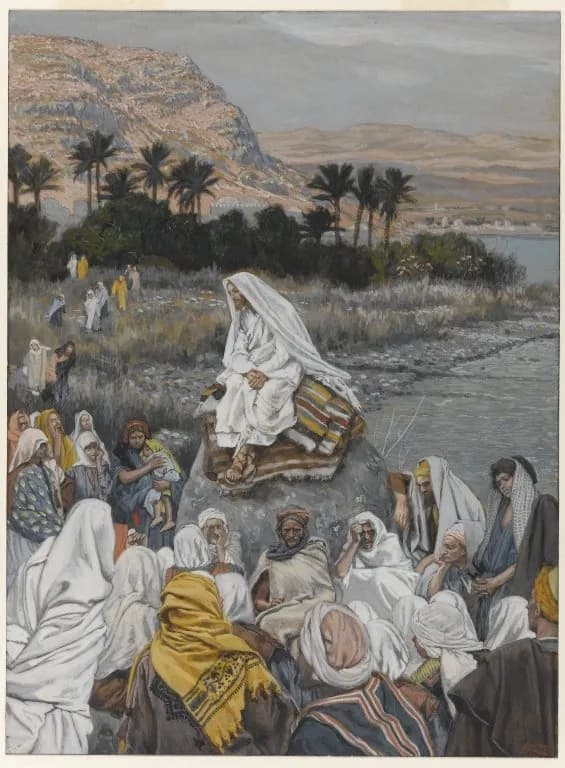 Jesus Sits by the Seashore and Preaches by James Tissot depicting Matthew 13:1