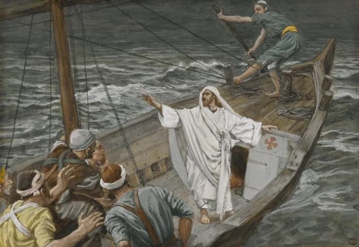 Jesus Stilling the Tempest by James Tissot depicting Matthew 8:23