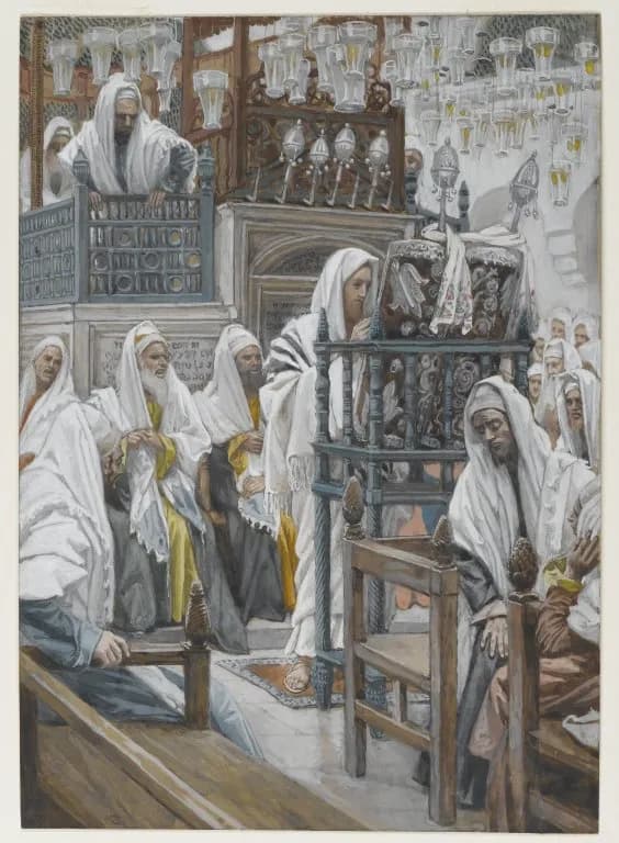 Jesus Unrolls the Book in the Synagogue by James Tissot depicting Luke 4:16