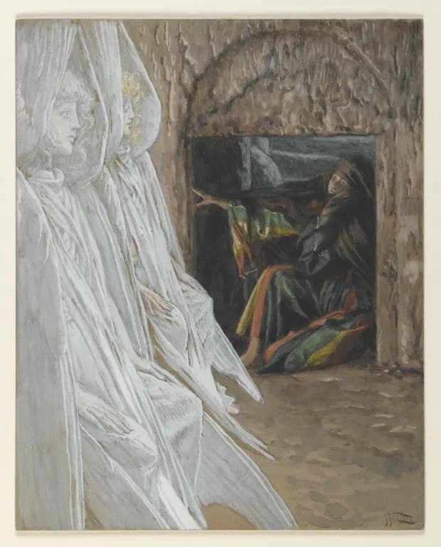 Mary Magdalene Questions the Angels in the Tomb by James Tissot depicting Matthew 28:5