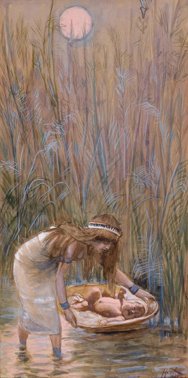 Moses Laid Amid the Flags by James Tissot depicting Exodus 2:3