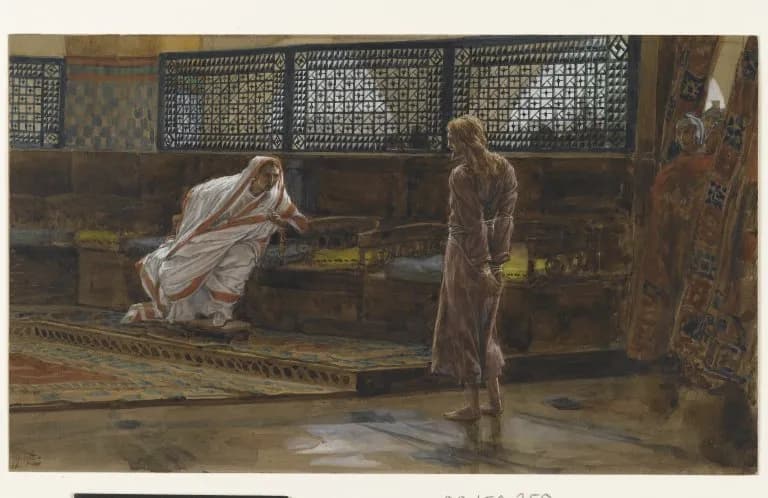 Jesus Before Pilate First Interview by James Tissot depicting Matthew 27:2
