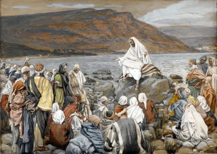 Jesus Teaches the People by the Sea by James Tissot depicting Matthew 5:1