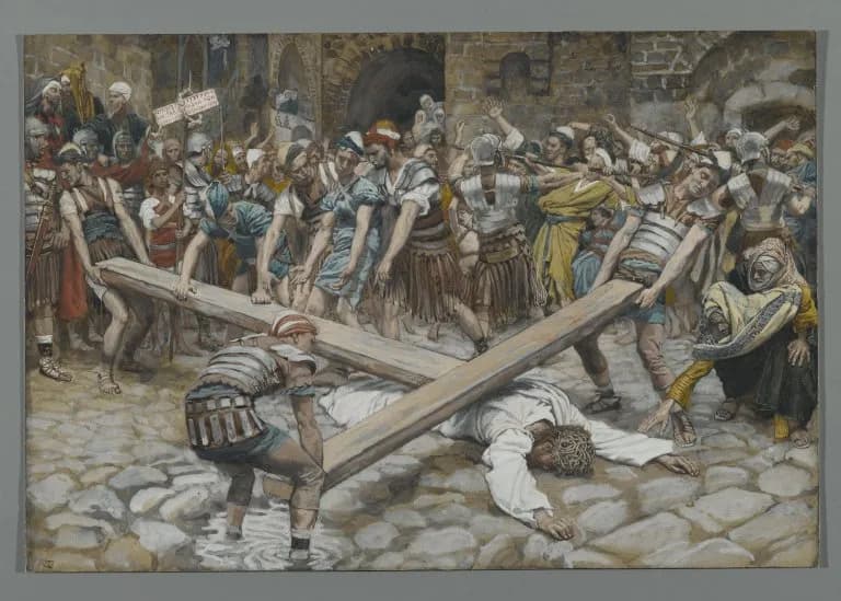 Simon the Cyrenian Compelled to Carry the Cross by James Tissot depicting Luke 23:26