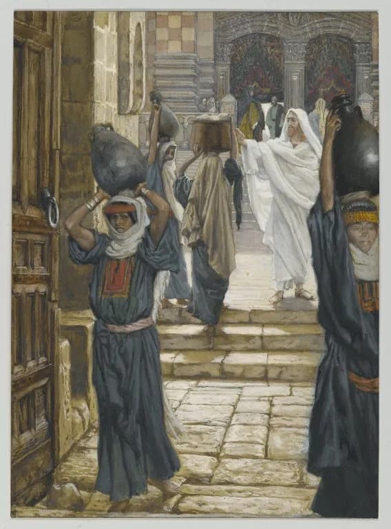 Jesus Forbids the Carrying of Loads in the Forecourt of the Temple by James Tissot depicting Matthew 21:12