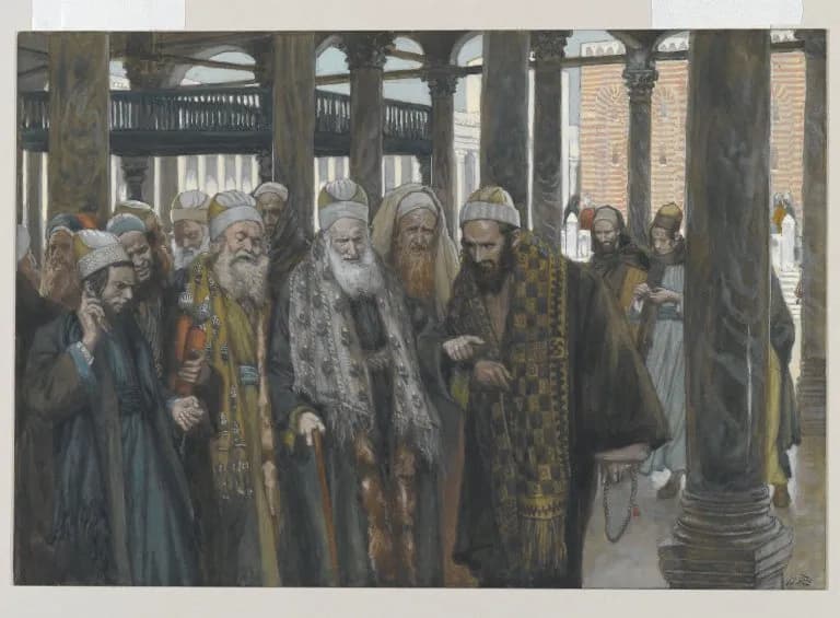 The Chief Priests Take Counsel Together by James Tissot depicting Matthew 26:59