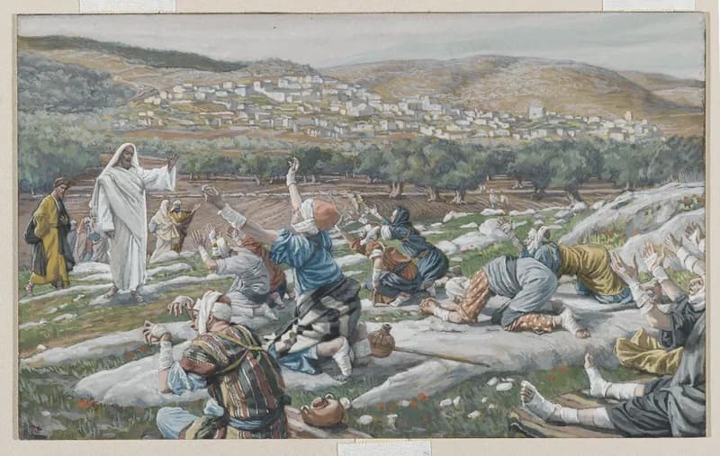 The Healing of Ten Lepers by James Tissot depicting Luke 17:11