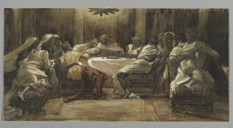 The Last Supper Judas Dipping his Hand by James Tissot depicting Matthew 26:20