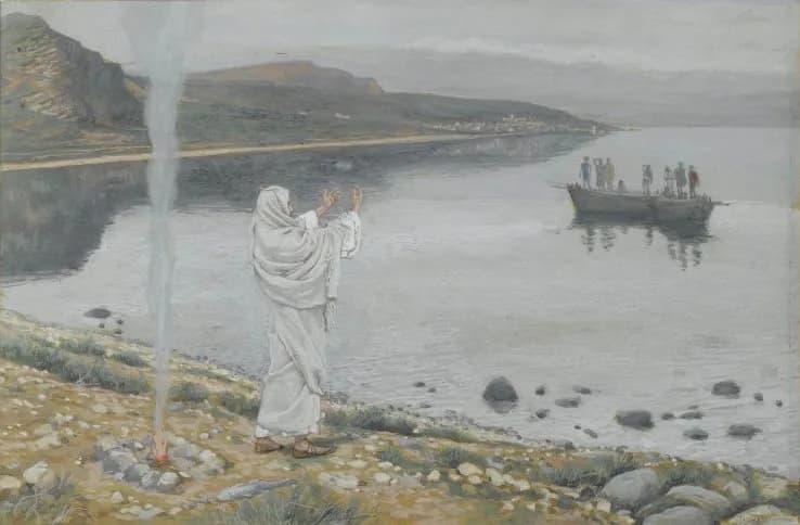 Christ Appears on the Shore of Lake Tiberias by James Tissot depicting John 21:4