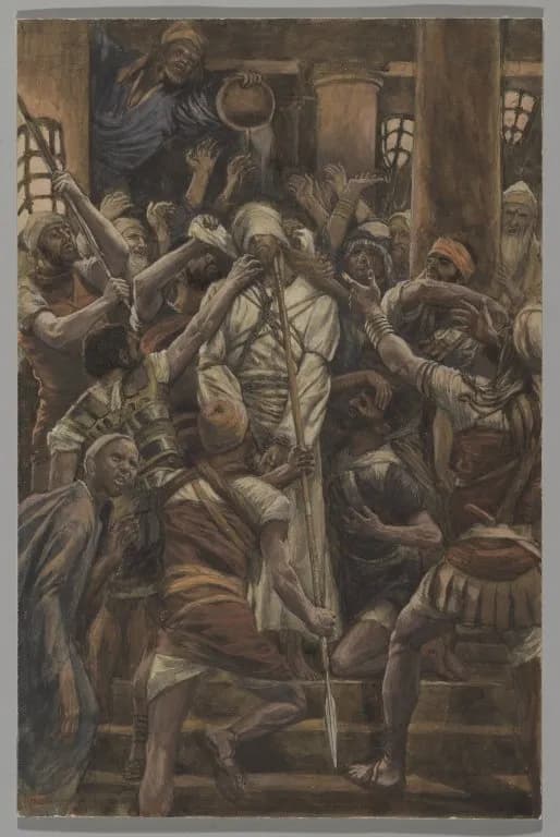 Maltreatments in the House of Caiaphas by James Tissot depicting Matthew 26:67