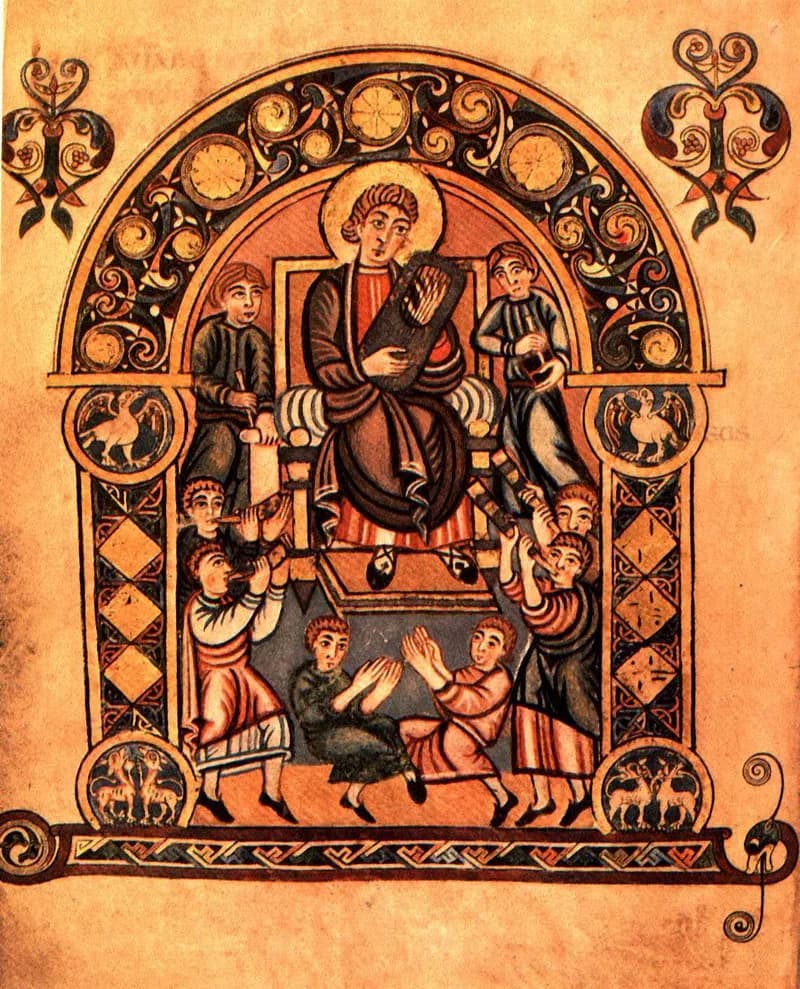 David and his Musicians (Vespasian Psalter, fol. 30v) by Master of the Vespasian Psalter depicting Psalms 33:1