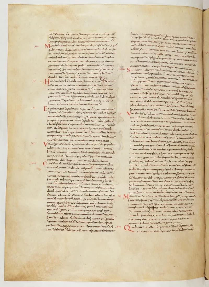 Vivian Bible, 2 Corinthians 8 (folio 766) by Master C. (Vivian Bible illuminator) depicting 2 Corinthians 8