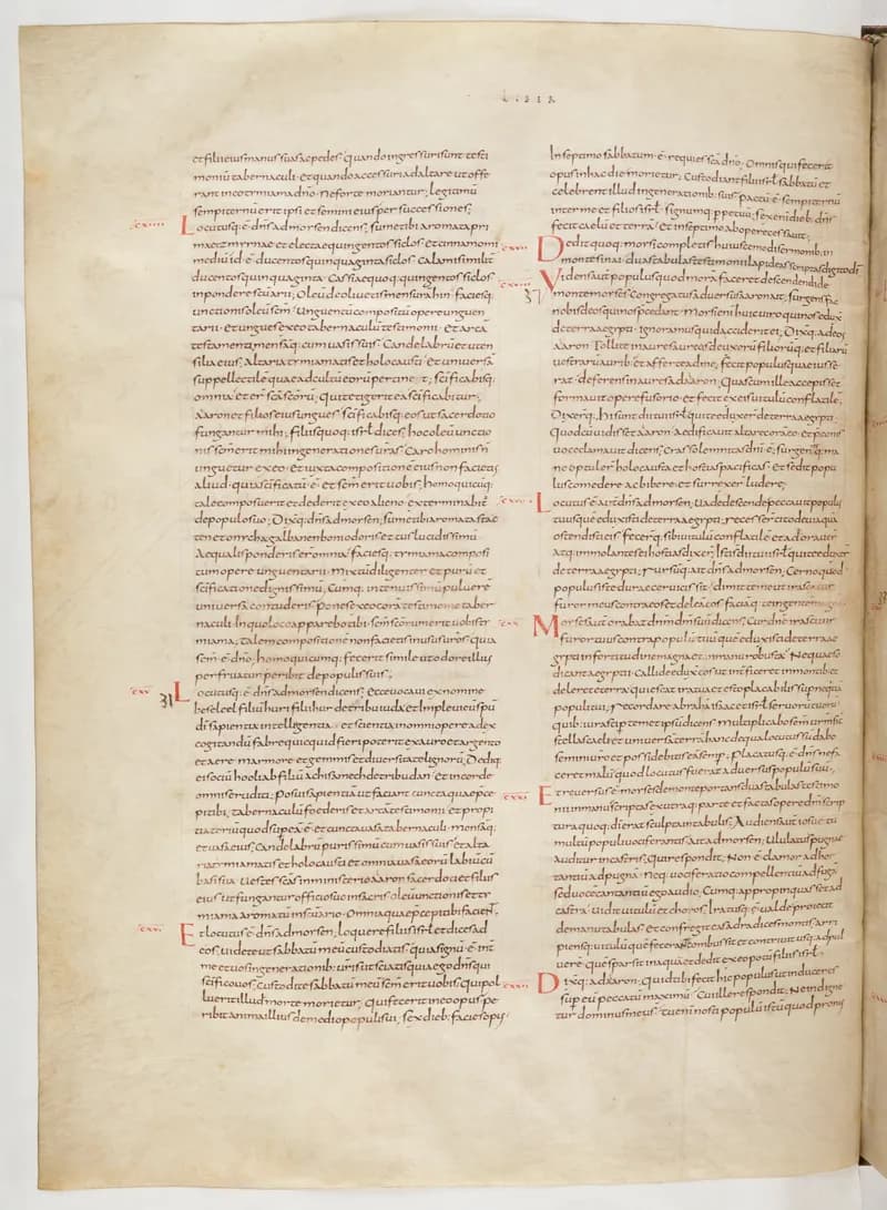 Vivian Bible, Leviticus 24 (folio 80) by Master C. (Vivian Bible illuminator) depicting Leviticus 24