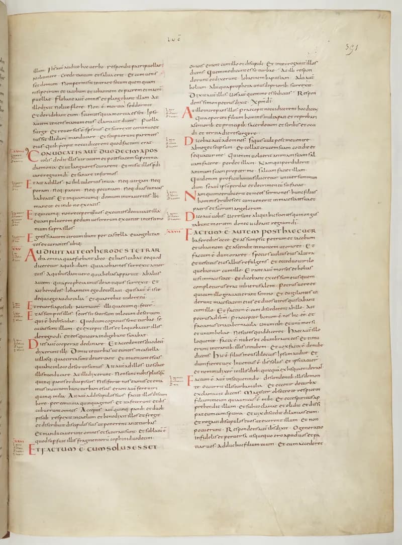 Vivian Bible, Luke 20 (folio 709) by Master C. (Vivian Bible illuminator) depicting Luke 20