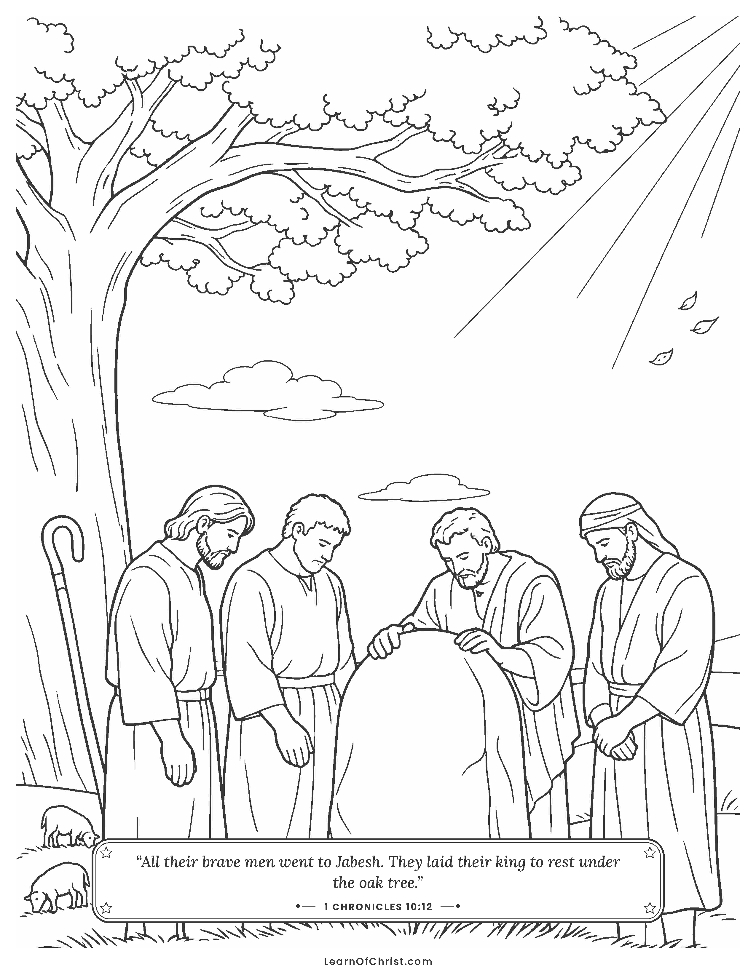 1 Chronicles 10 coloring page - Friends honor King Saul under an oak. Free printable Bible coloring sheet for kids.