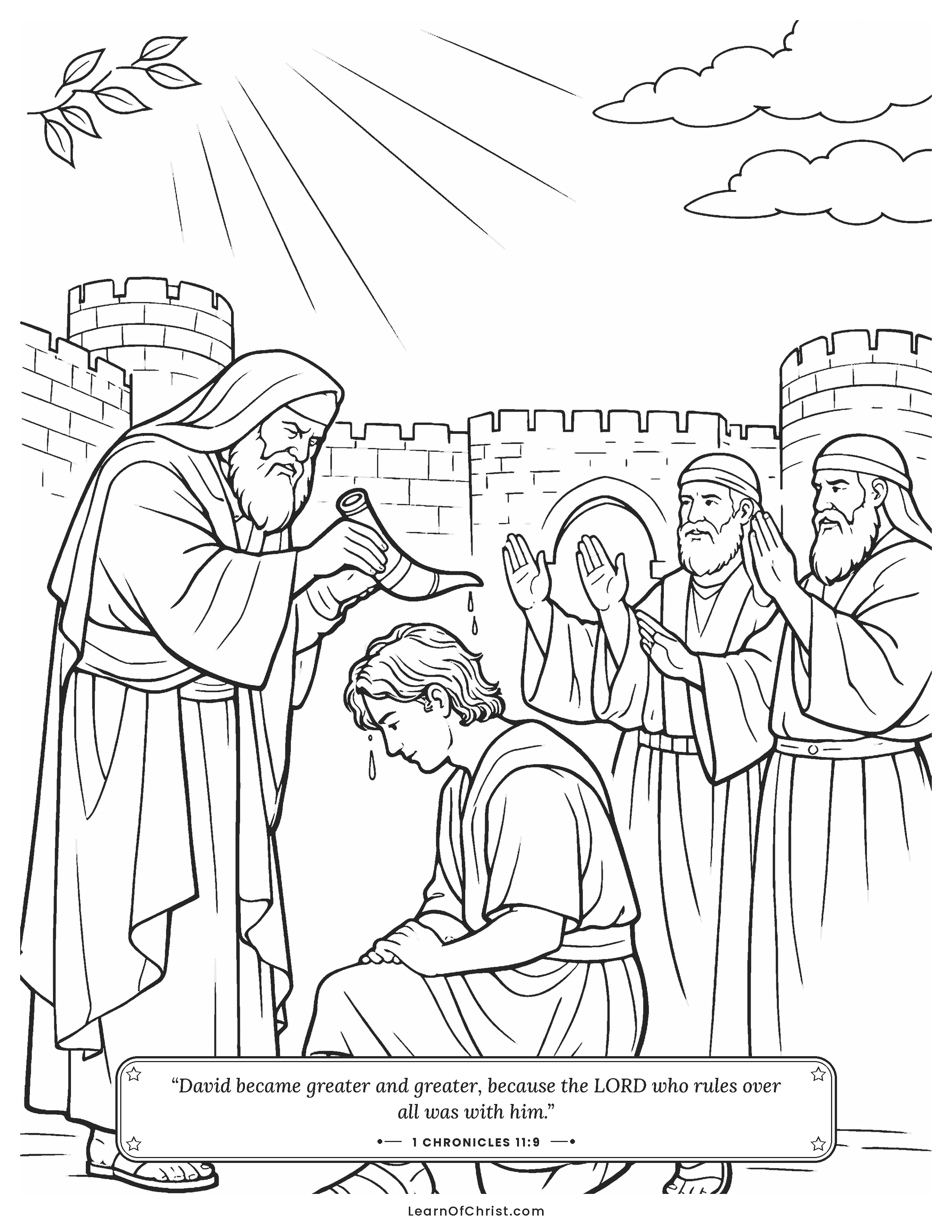 1 Chronicles 11 coloring page - David is made king over Israel. Free printable Bible coloring sheet for kids.