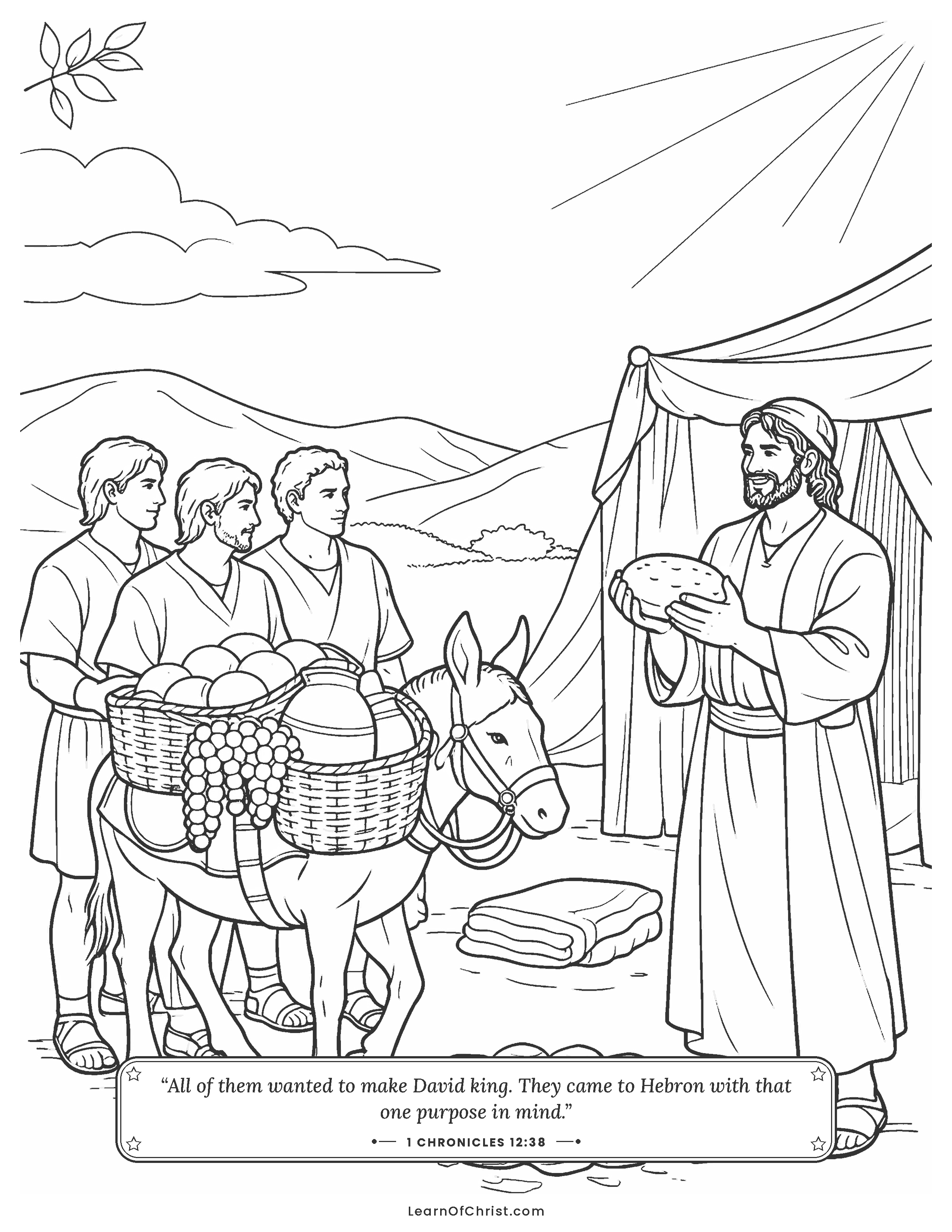 1 Chronicles 12 coloring page - Three brothers bring food to David's camp. Free printable Bible coloring sheet for kids.