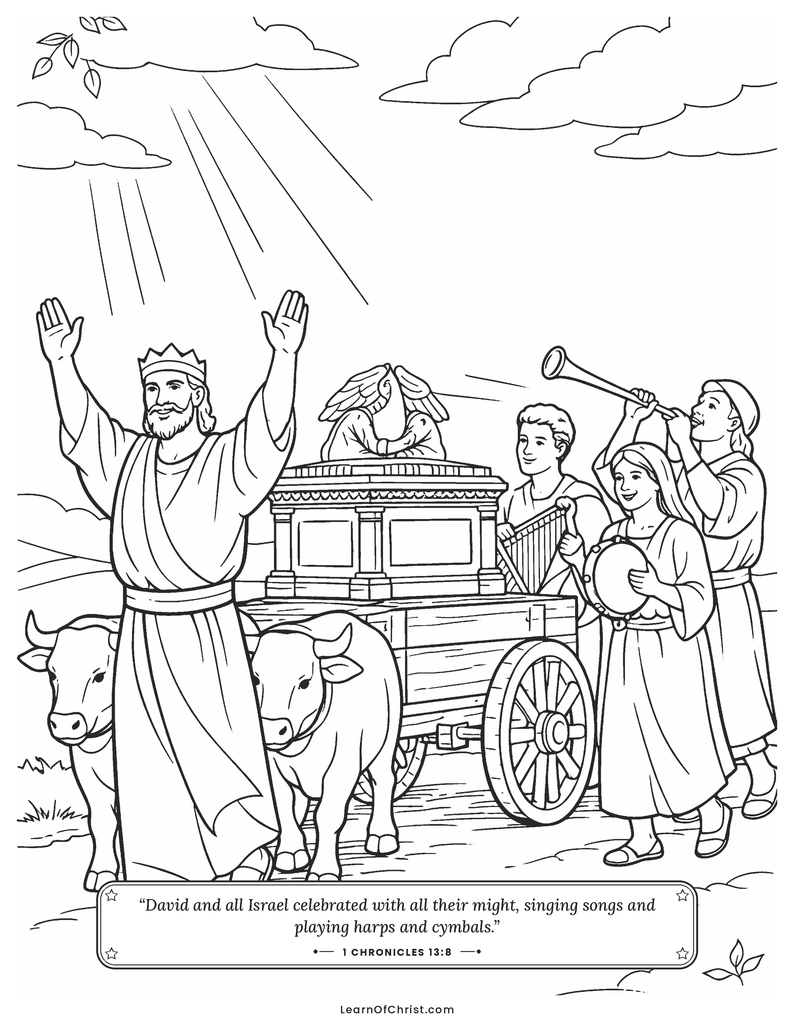 1 Chronicles 13 coloring page - The ark travels on a new ox cart. Free printable Bible coloring sheet for kids.