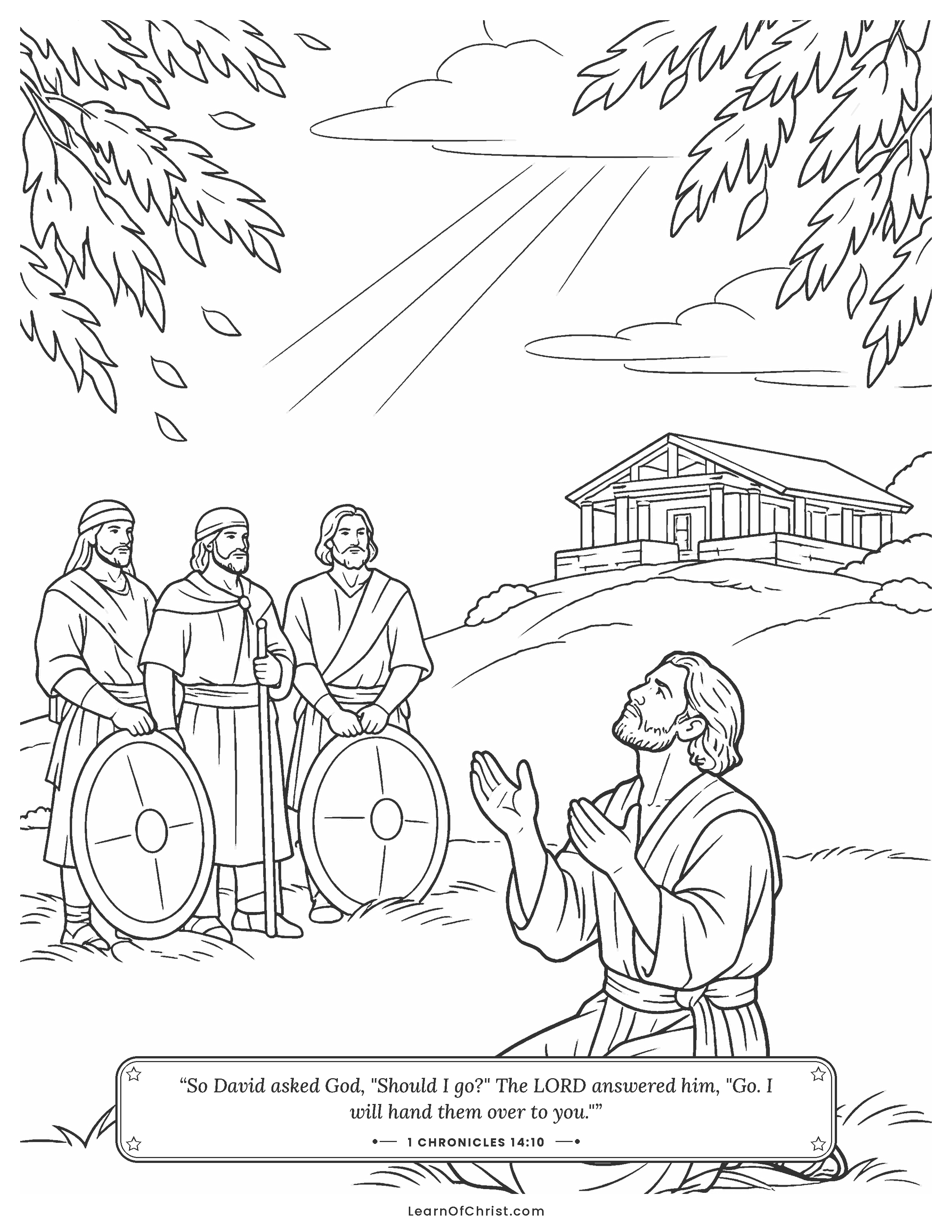 1 Chronicles 14 coloring page - David asks God before the battle. Free printable Bible coloring sheet for kids.