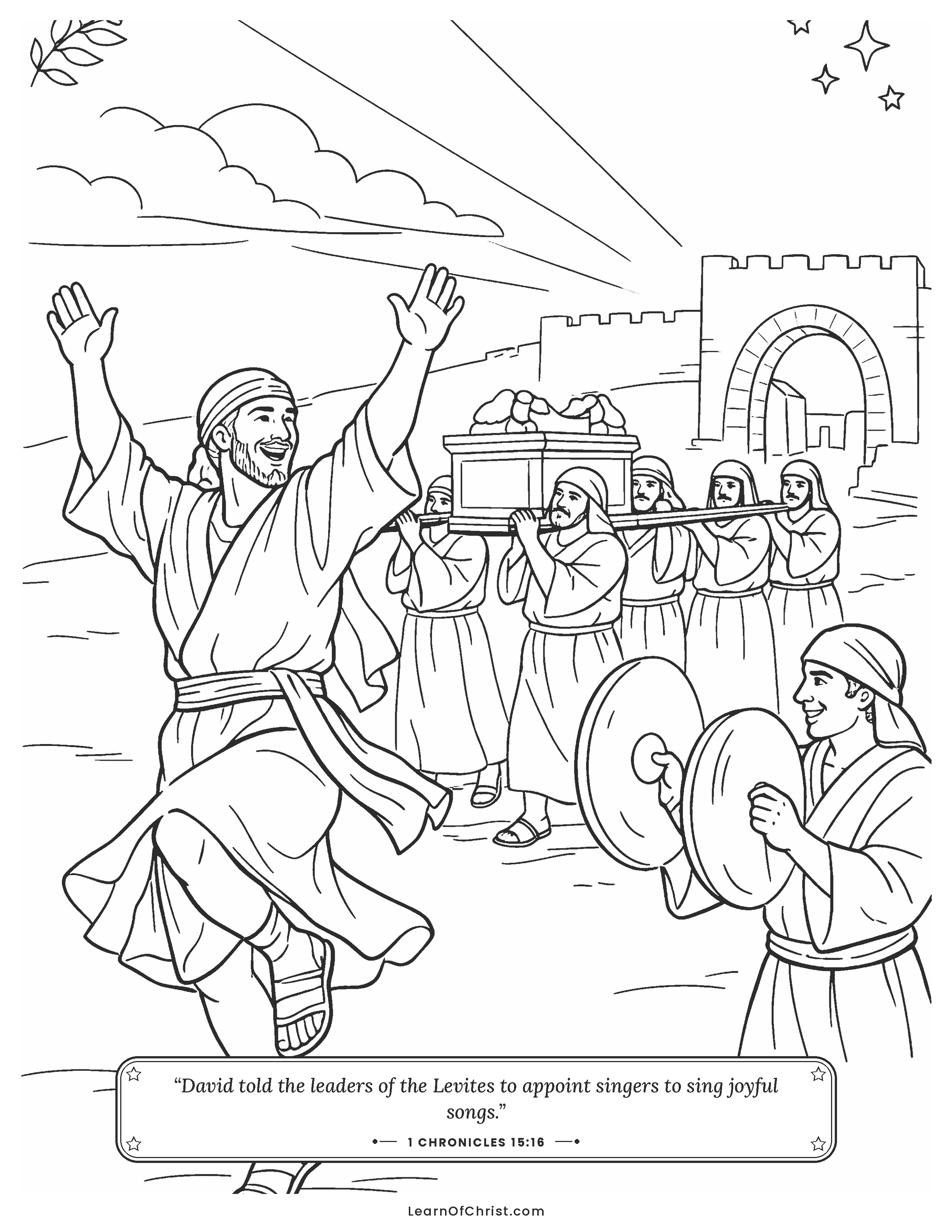 1 Chronicles 15 coloring page - Levites carry the ark on their shoulders. Free printable Bible coloring sheet for kids.