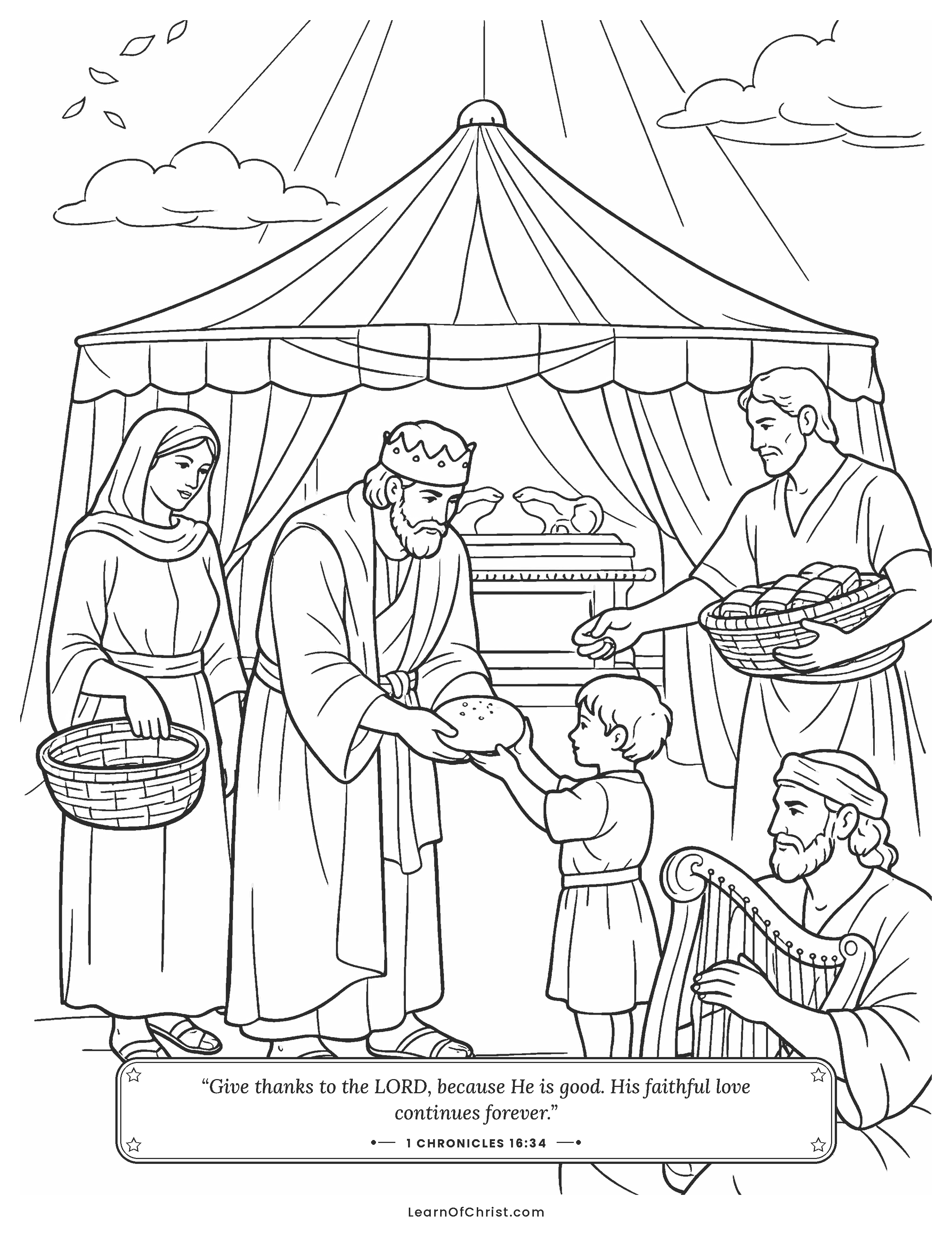 1 Chronicles 16 coloring page - David gives bread to a joyful crowd. Free printable Bible coloring sheet for kids.