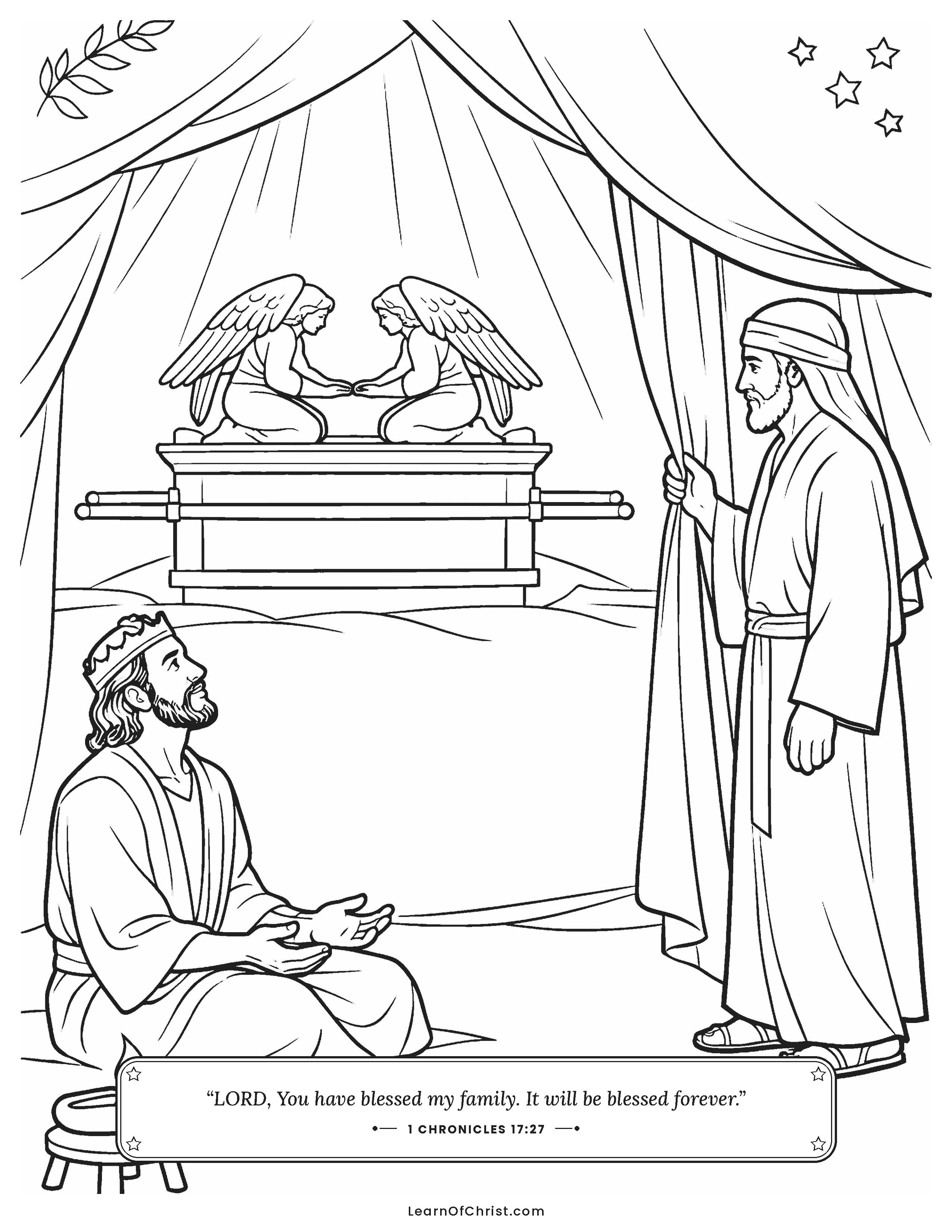 1 Chronicles 17 coloring page - David sits before God in wonder. Free printable Bible coloring sheet for kids.