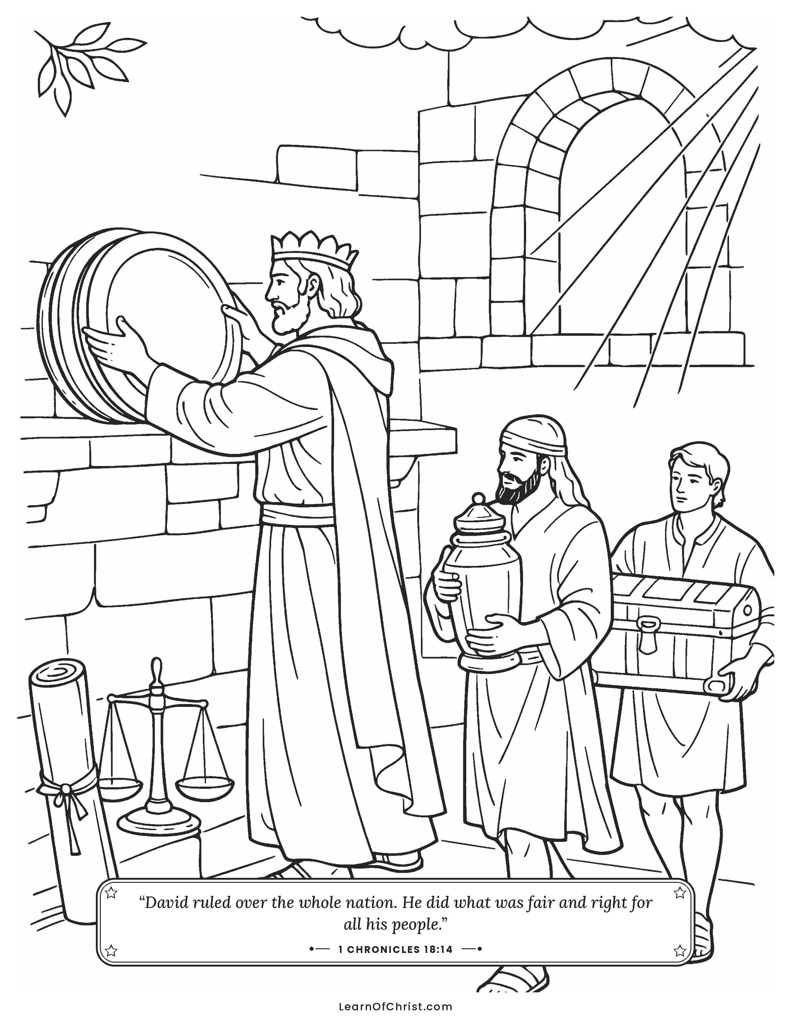 1 Chronicles 18 coloring page - David sets treasure aside for God. Free printable Bible coloring sheet for kids.