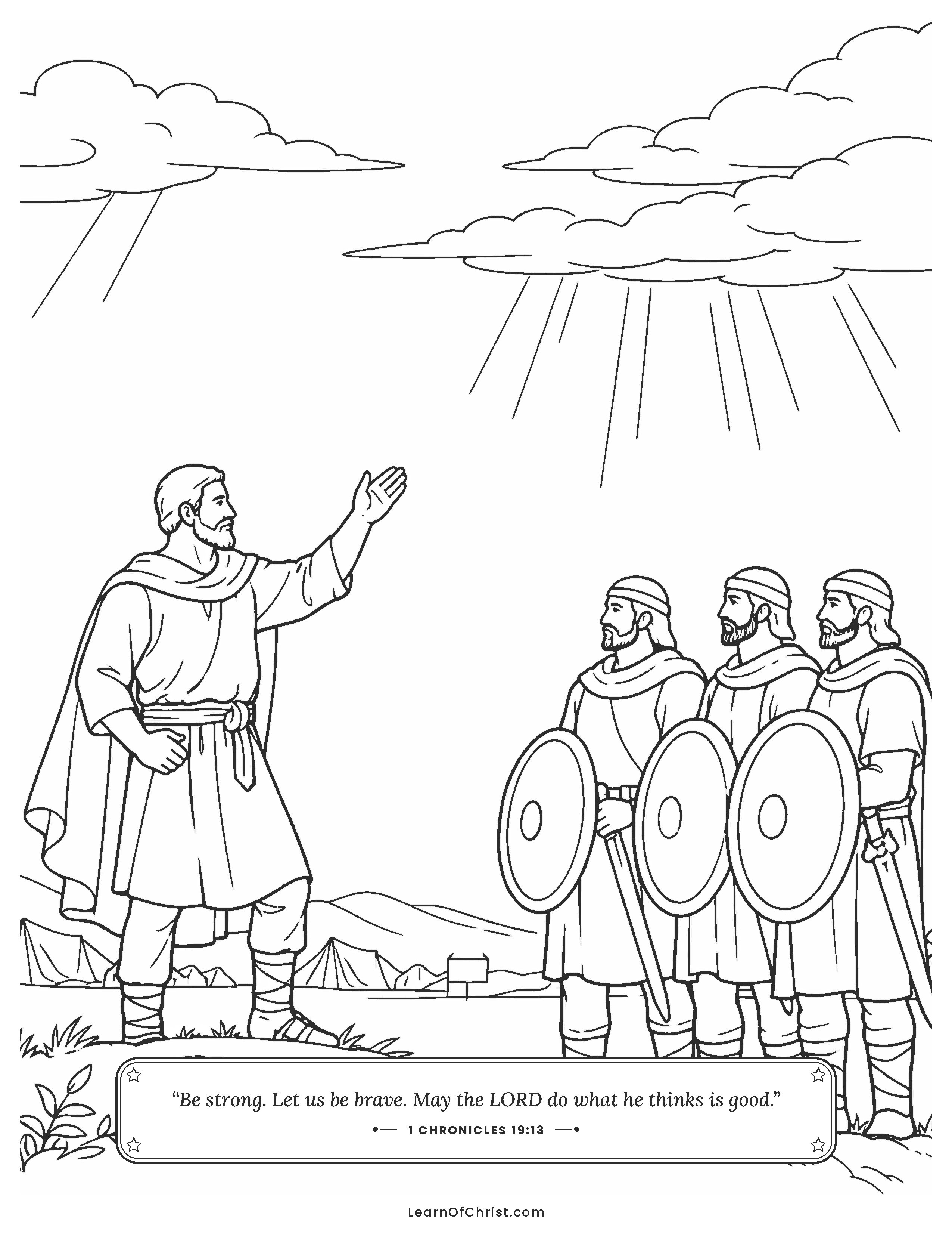 1 Chronicles 19 coloring page - Joab tells his men to be brave. Free printable Bible coloring sheet for kids.
