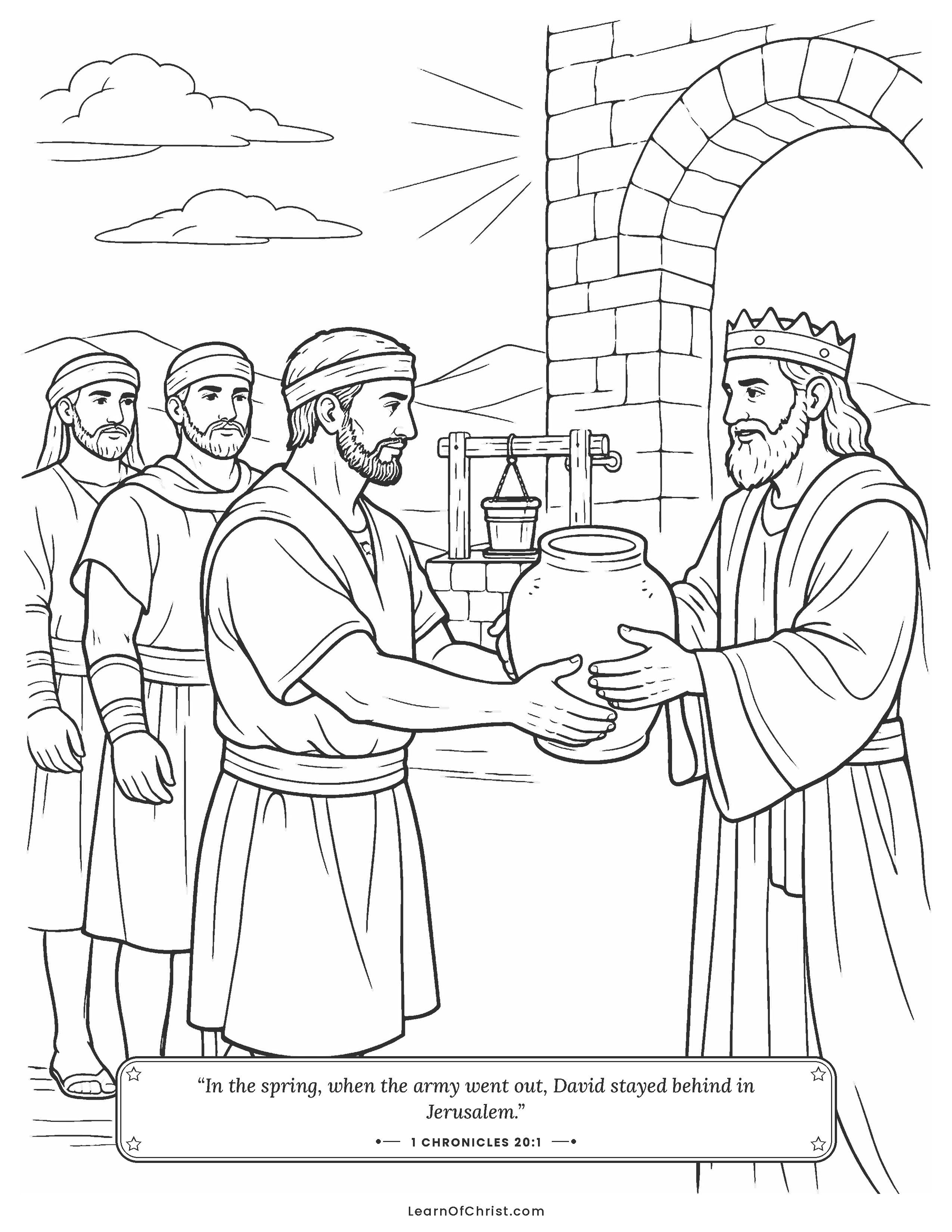 1 Chronicles 20 coloring page - David's men bring water from the well. Free printable Bible coloring sheet for kids.