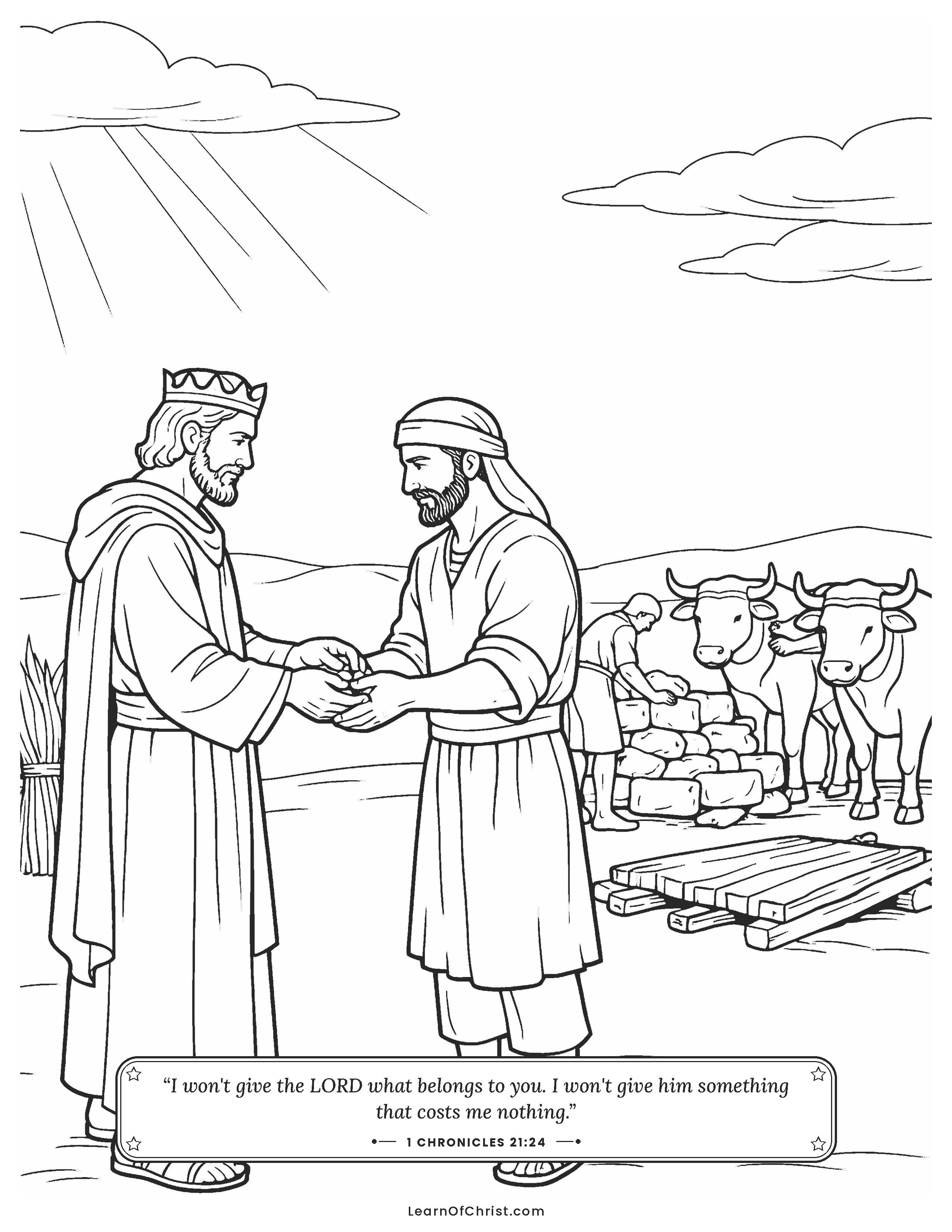 1 Chronicles 21 coloring page - David buys the threshing floor for God. Free printable Bible coloring sheet for kids.