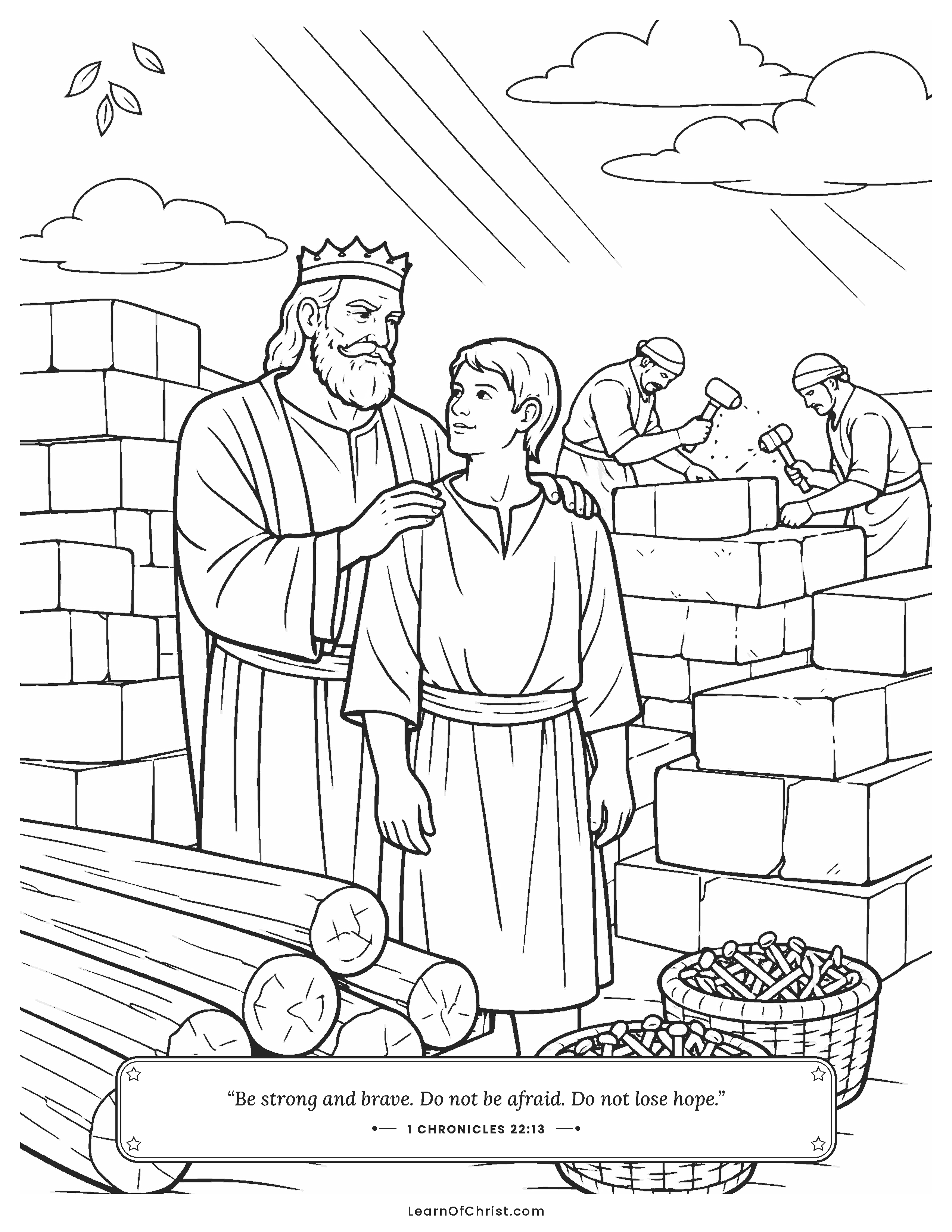 1 Chronicles 22 coloring page - David stacks supplies for the temple. Free printable Bible coloring sheet for kids.