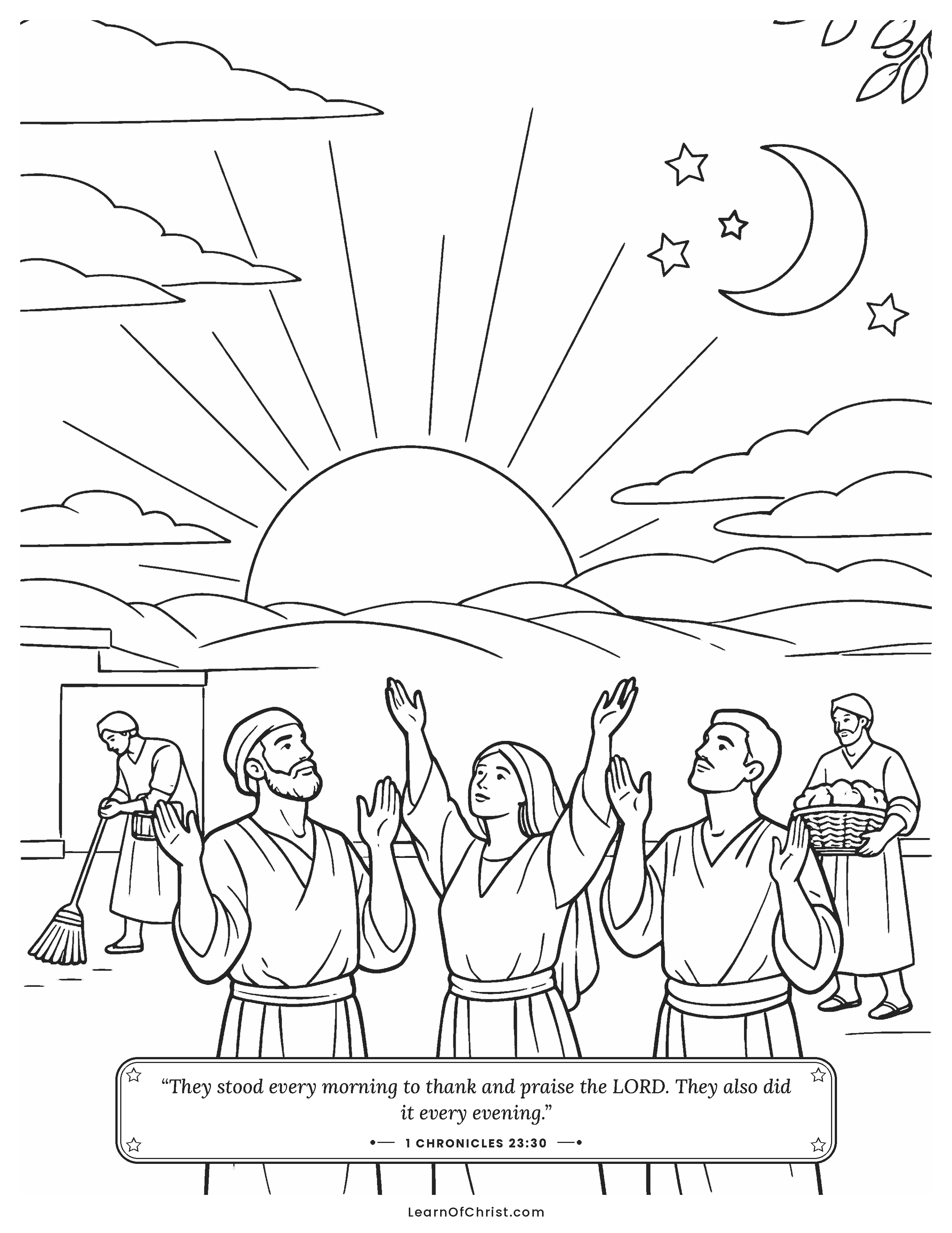 1 Chronicles 23 coloring page - Helpers praise God morning and evening. Free printable Bible coloring sheet for kids.