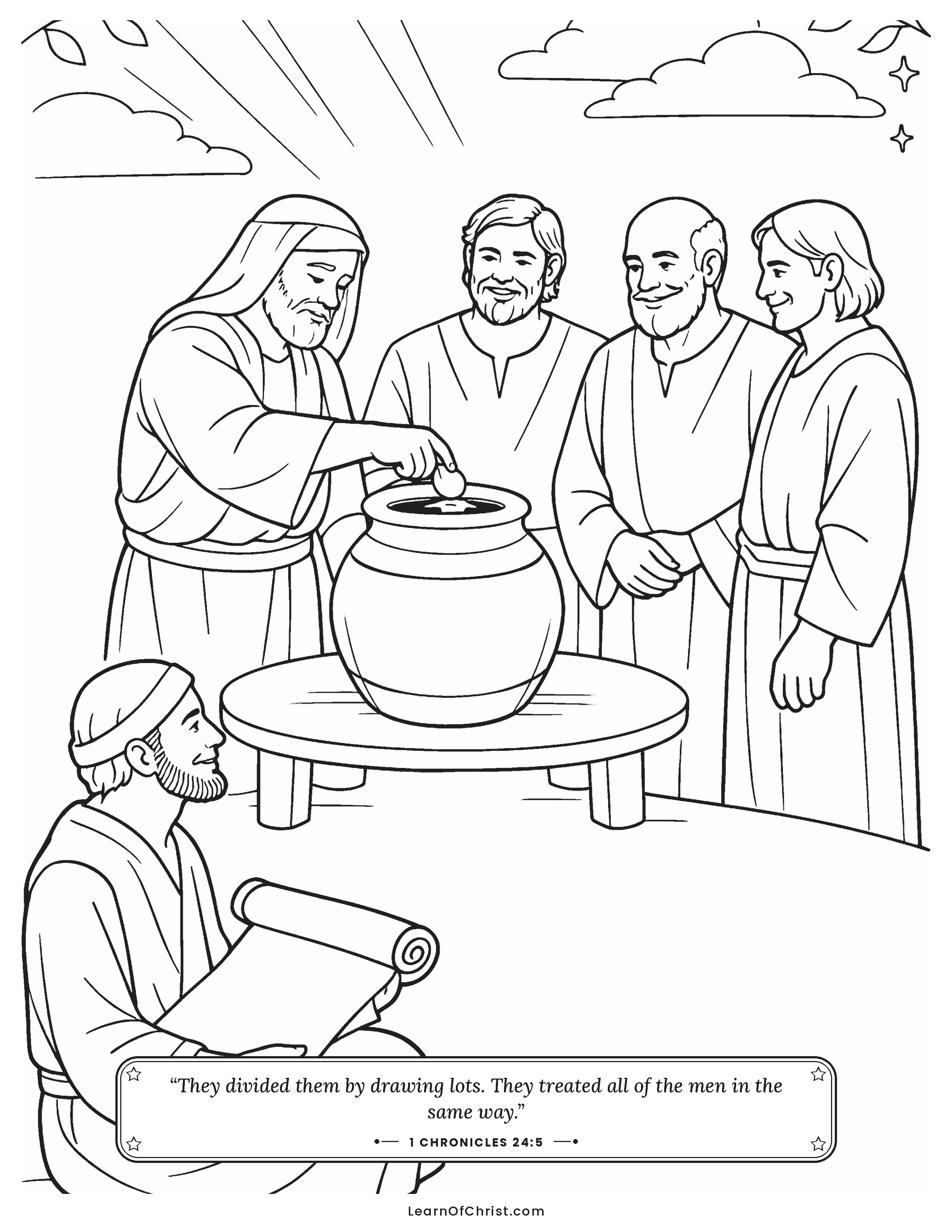 1 Chronicles 24 coloring page - Priests draw lots to take turns. Free printable Bible coloring sheet for kids.