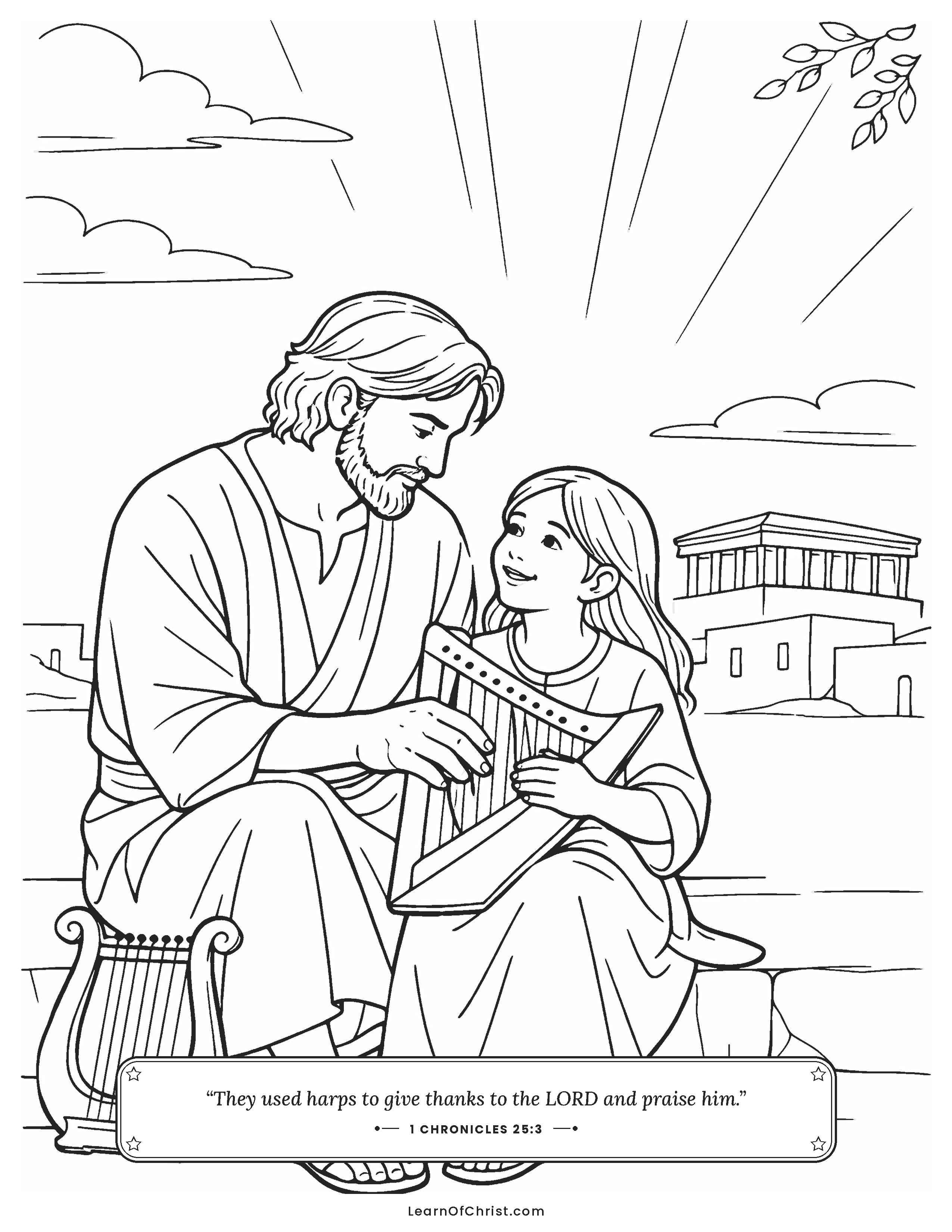 1 Chronicles 25 coloring page - A father teaches his daughter the harp. Free printable Bible coloring sheet for kids.