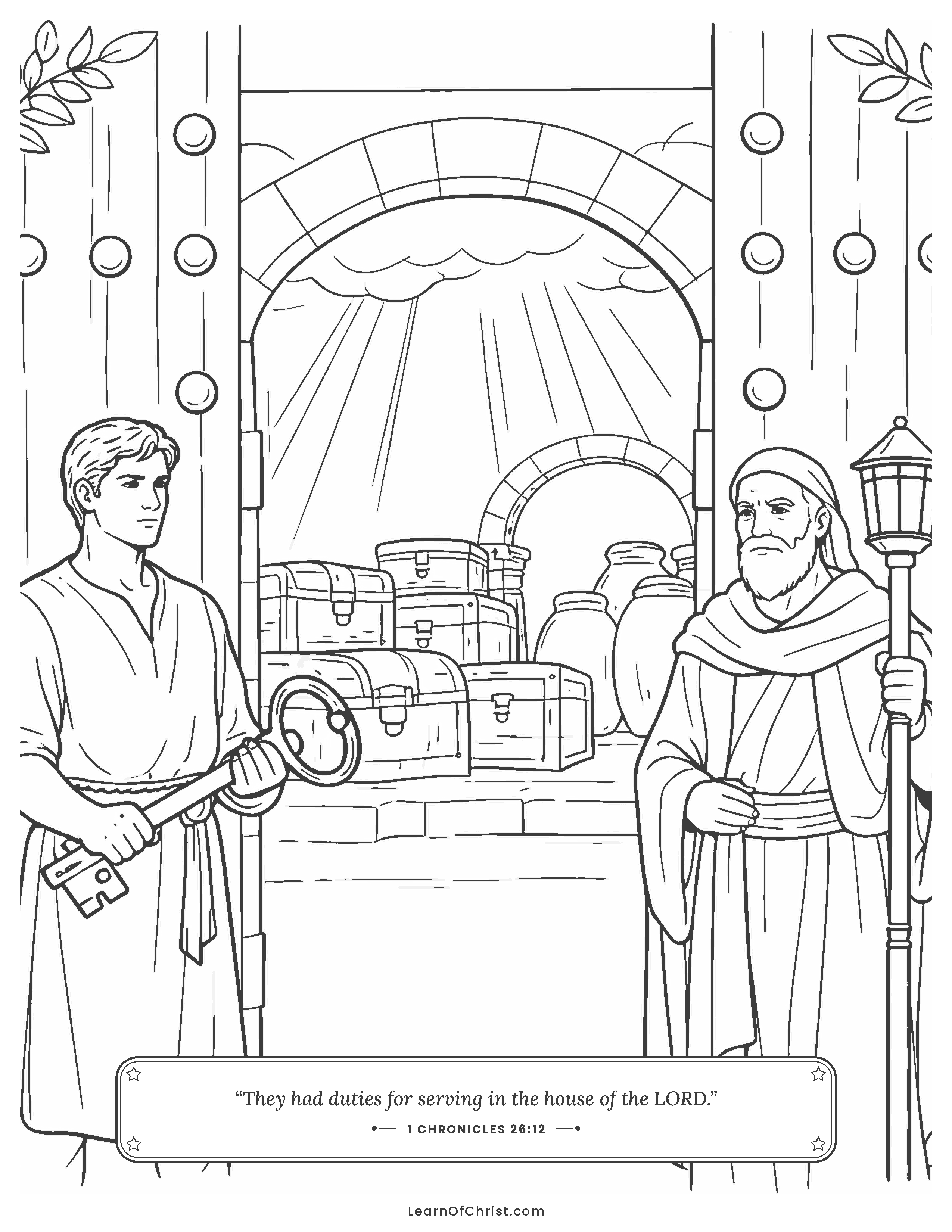 1 Chronicles 26 coloring page - Gatekeepers guard the doors of God's house. Free printable Bible coloring sheet for kids.