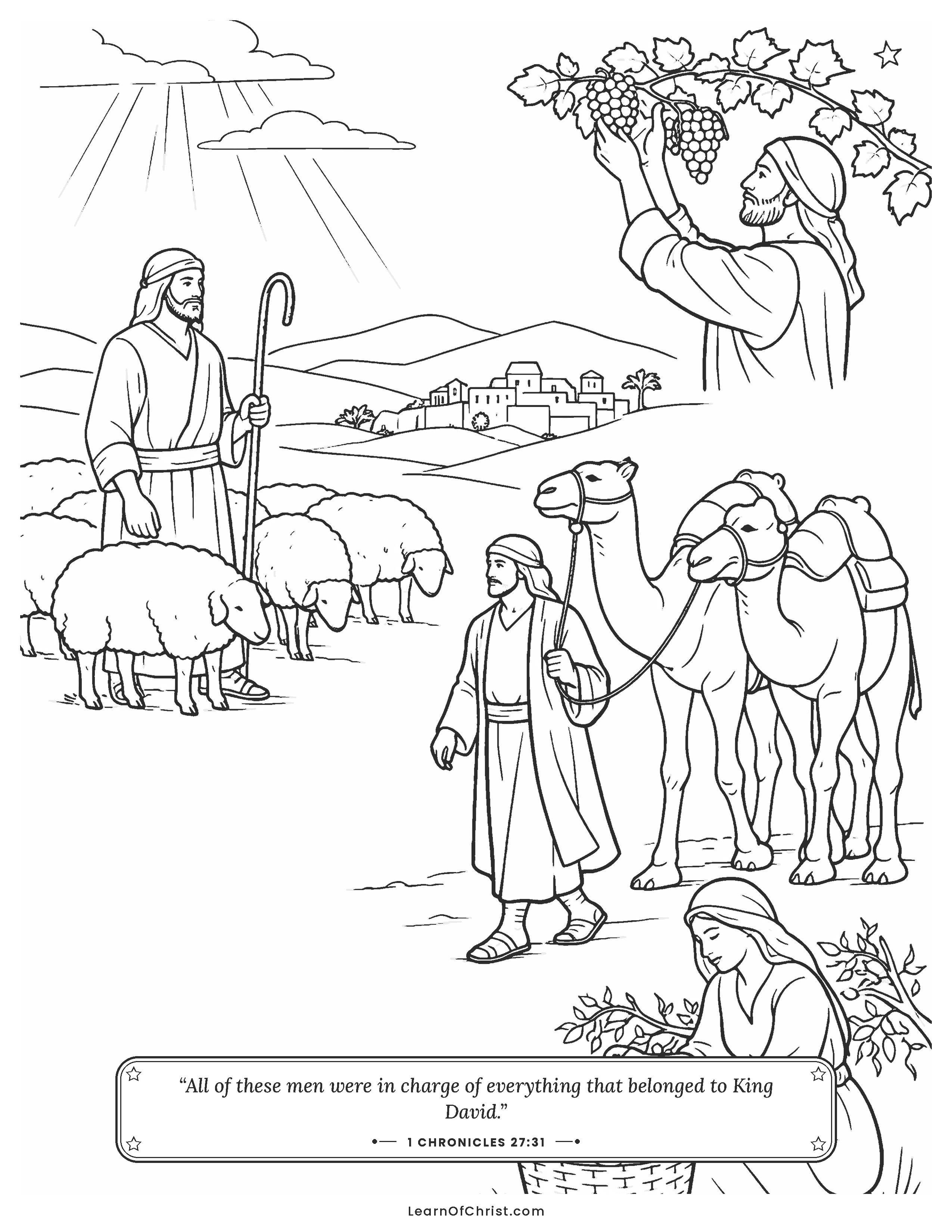 1 Chronicles 27 coloring page - Workers care for the king's flocks and fields. Free printable Bible coloring sheet for kids.