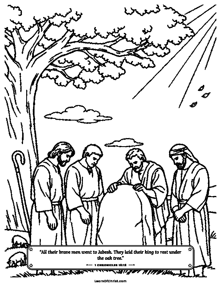 1 Chronicles 10 coloring page - Friends honor King Saul under an oak