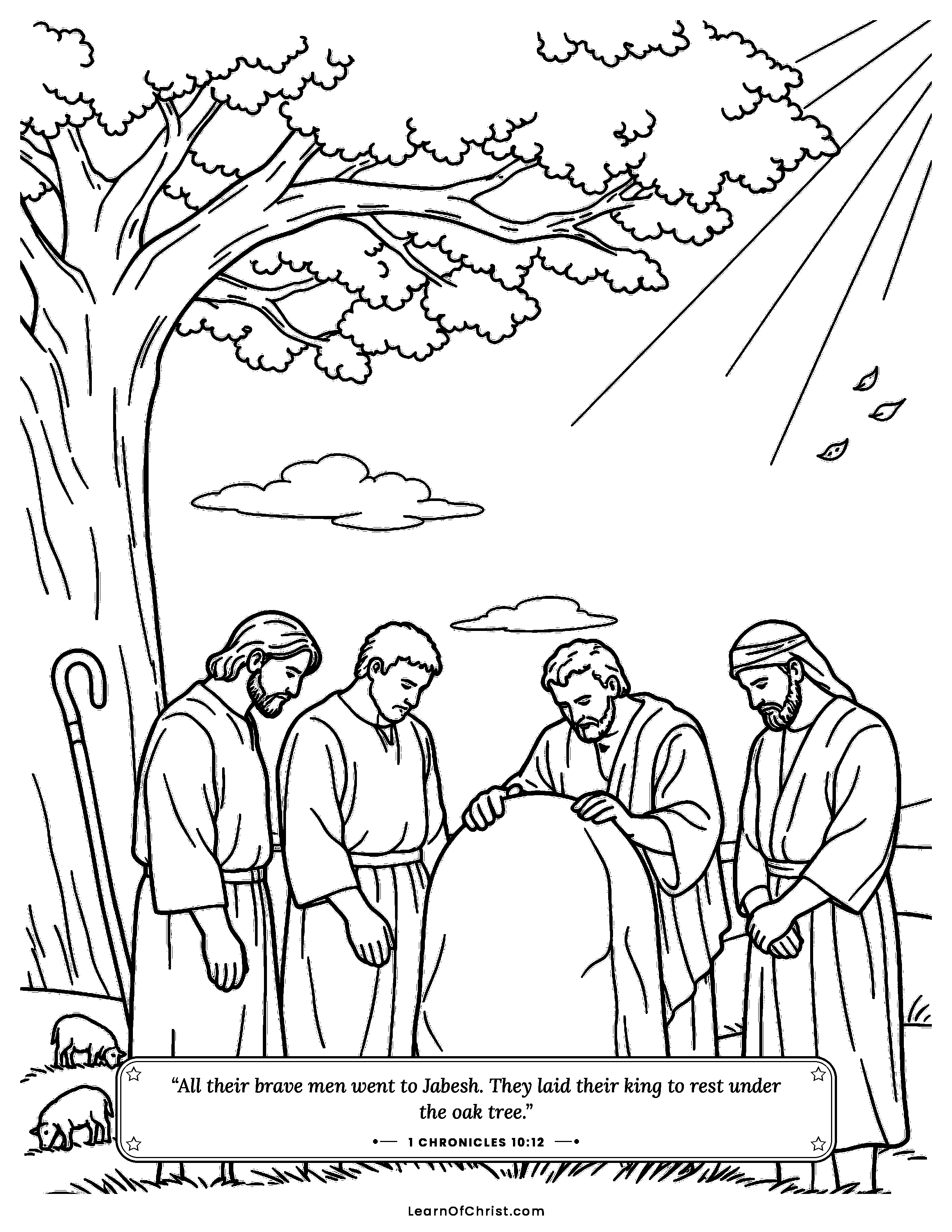 1 Chronicles 10 coloring page - Friends honor King Saul under an oak. Free printable Bible coloring sheet for kids.