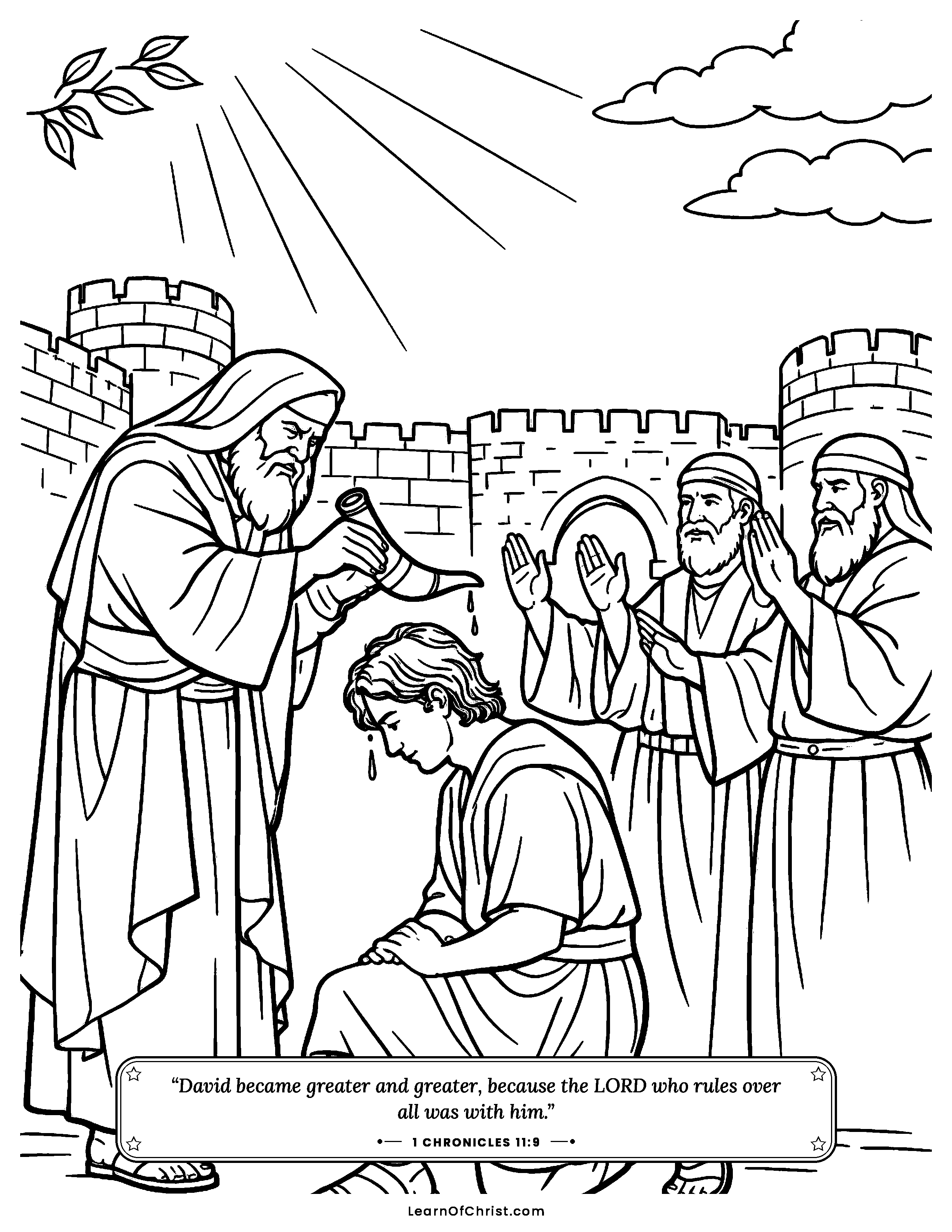 1 Chronicles 11 coloring page - David is made king over Israel. Free printable Bible coloring sheet for kids.