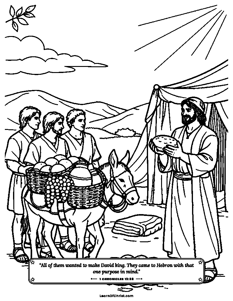 1 Chronicles 12 coloring page - Three brothers bring food to David's camp