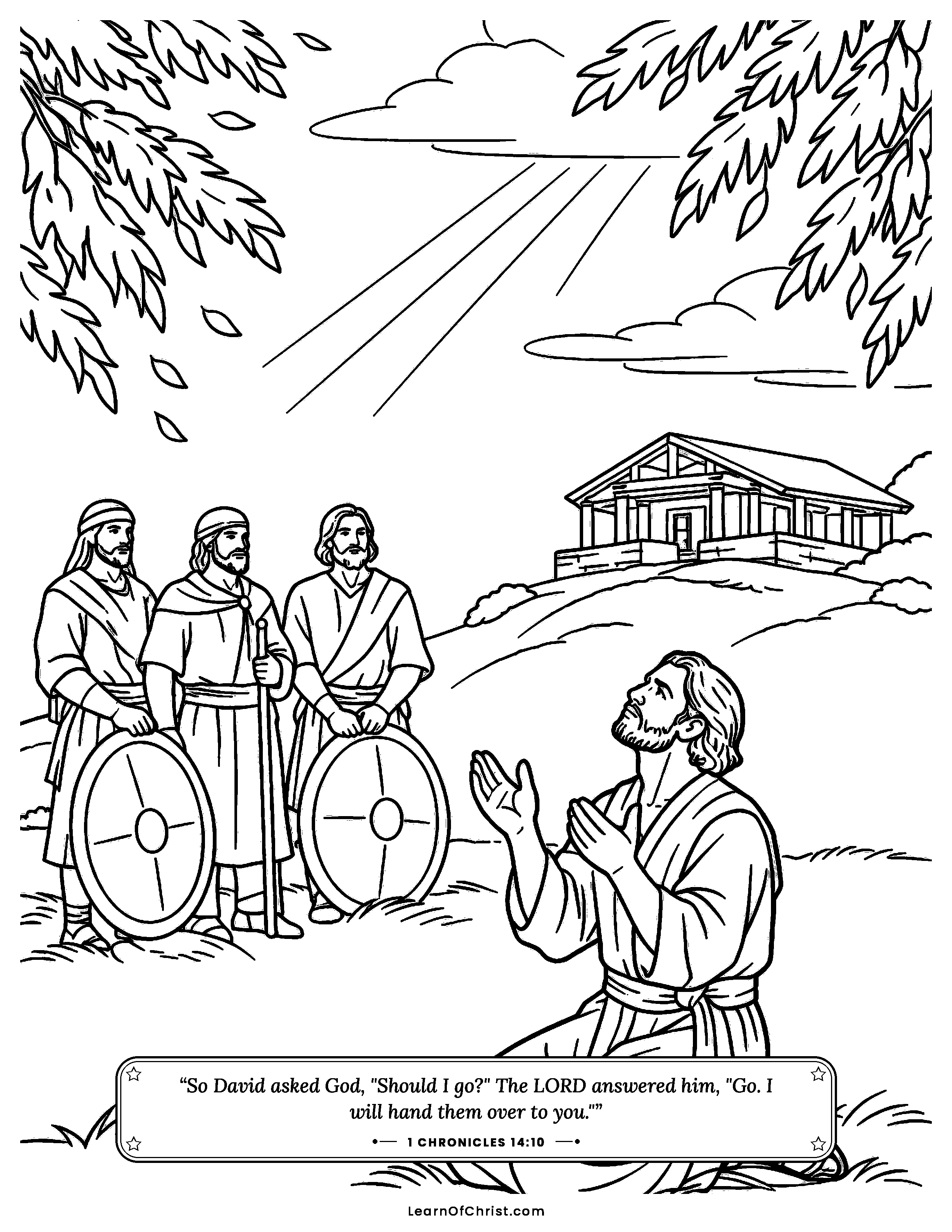 1 Chronicles 14 coloring page - David asks God before the battle. Free printable Bible coloring sheet for kids.
