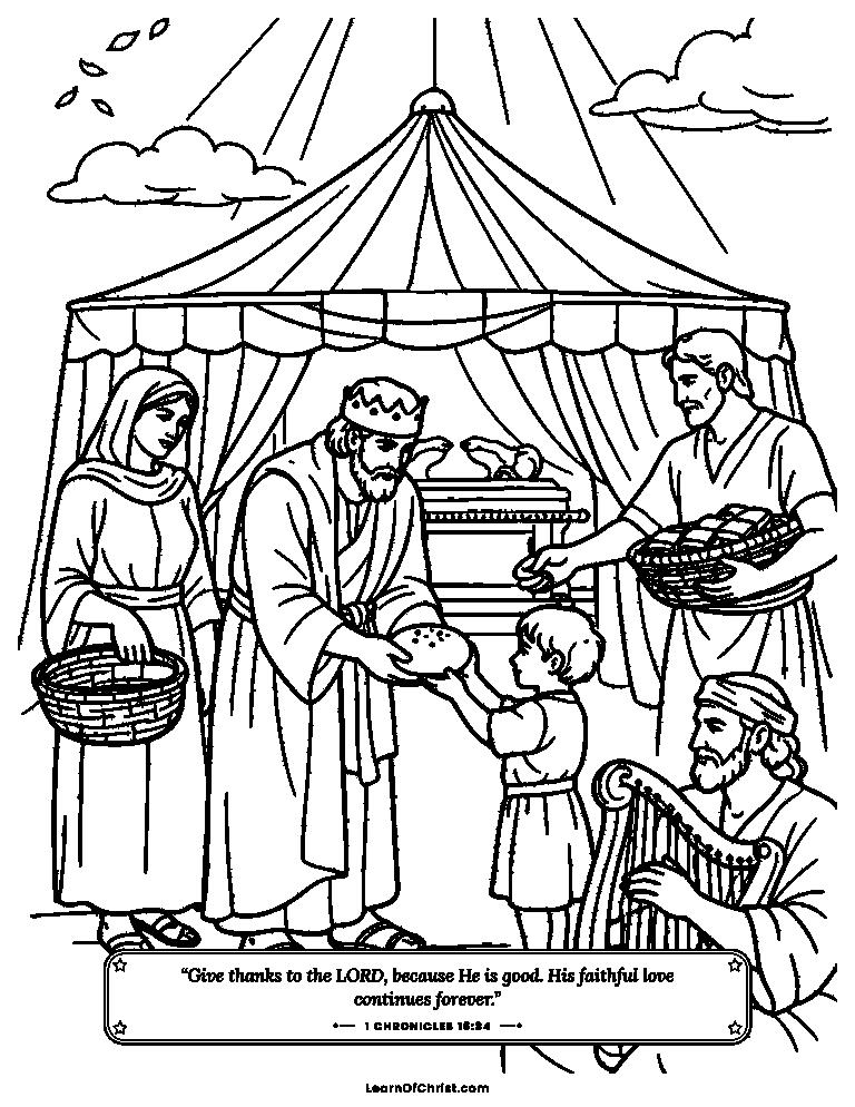 1 Chronicles 16 coloring page - David gives bread to a joyful crowd