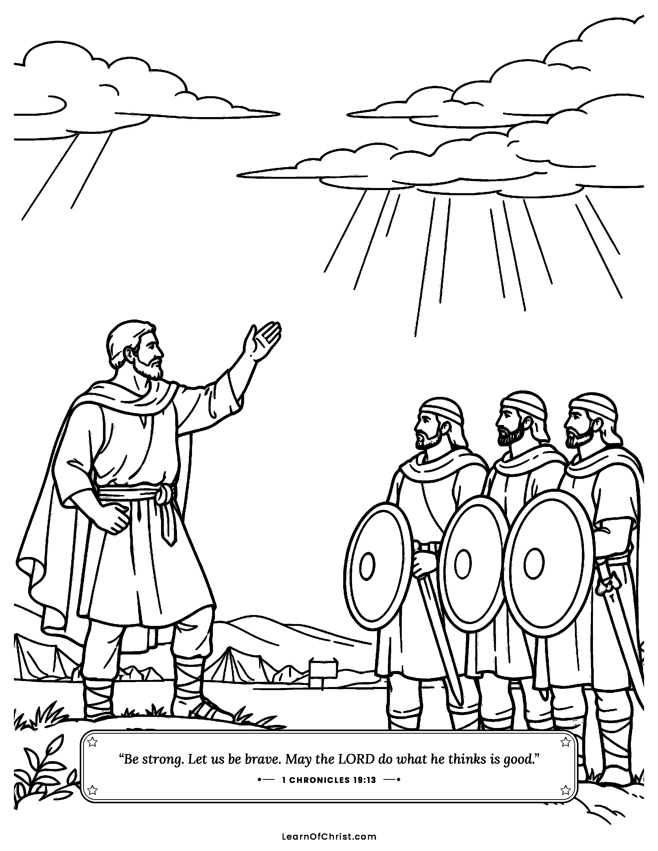 1 Chronicles 19 coloring page - Joab tells his men to be brave. Free printable Bible coloring sheet for kids.